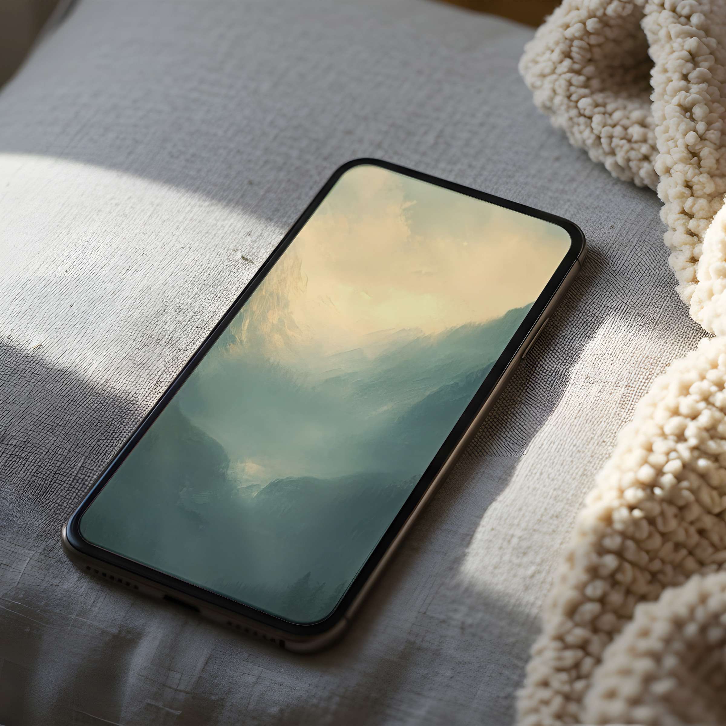 Elegant mountain landscape phone wallpaper in soft pastels on iPhone evokes serenity, perfect for high resolution digital download