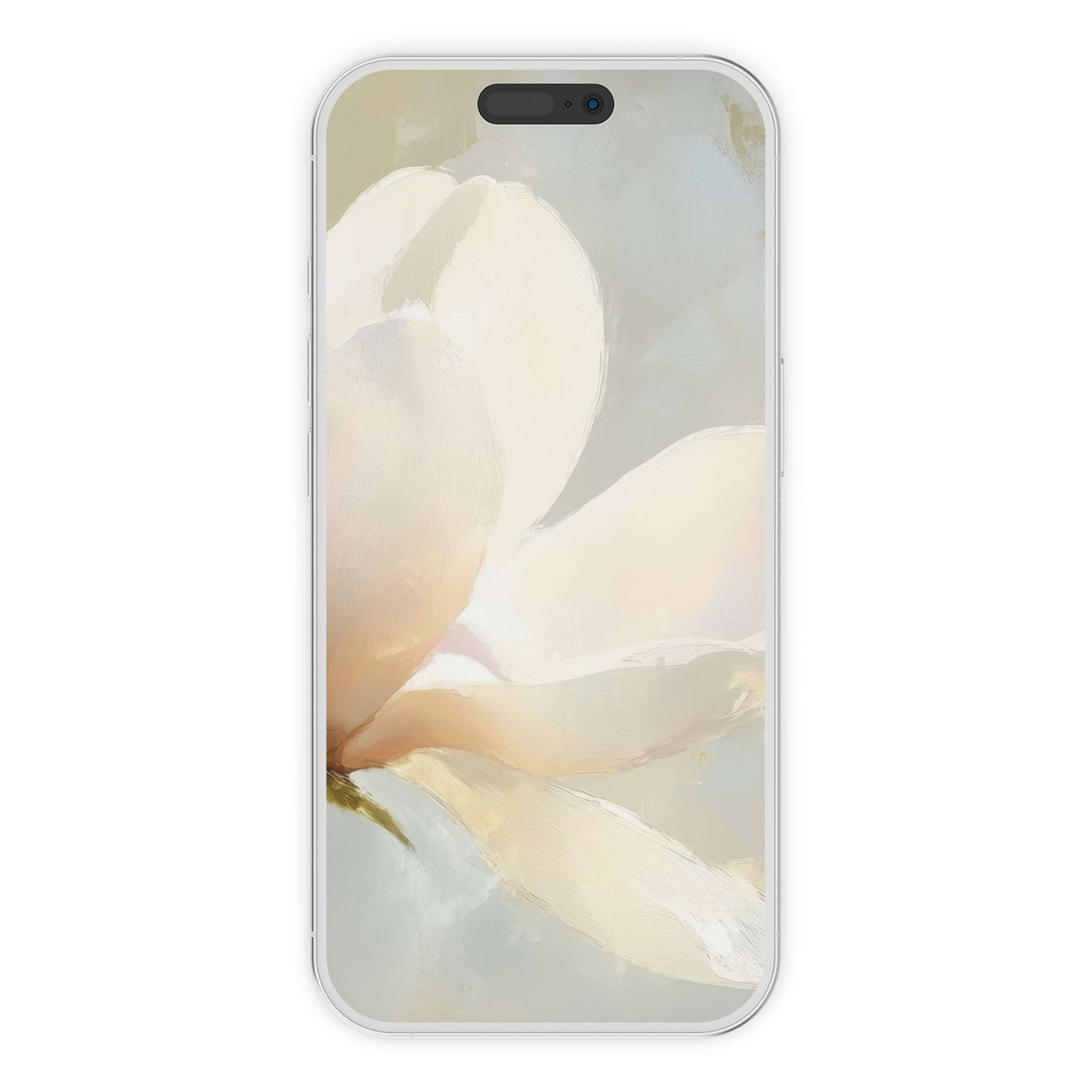 Elegant spring iPhone wallpaper featuring a delicate cream flower on a soft pastel background for phone digital download and serenity