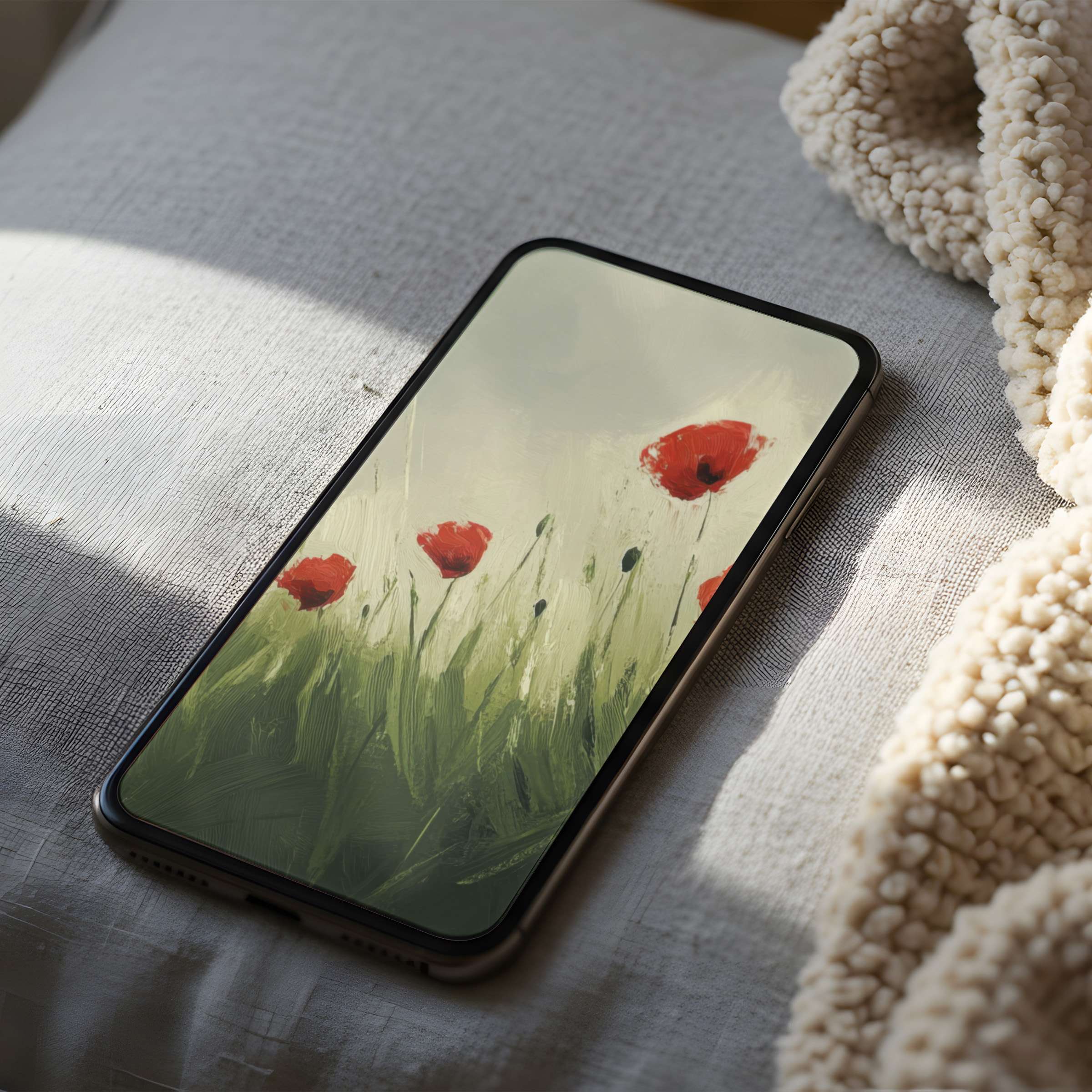Elegant poppy field phone wallpaper, painted with soft brush strokes, perfect for iPhone and Android, offering a serene digital download