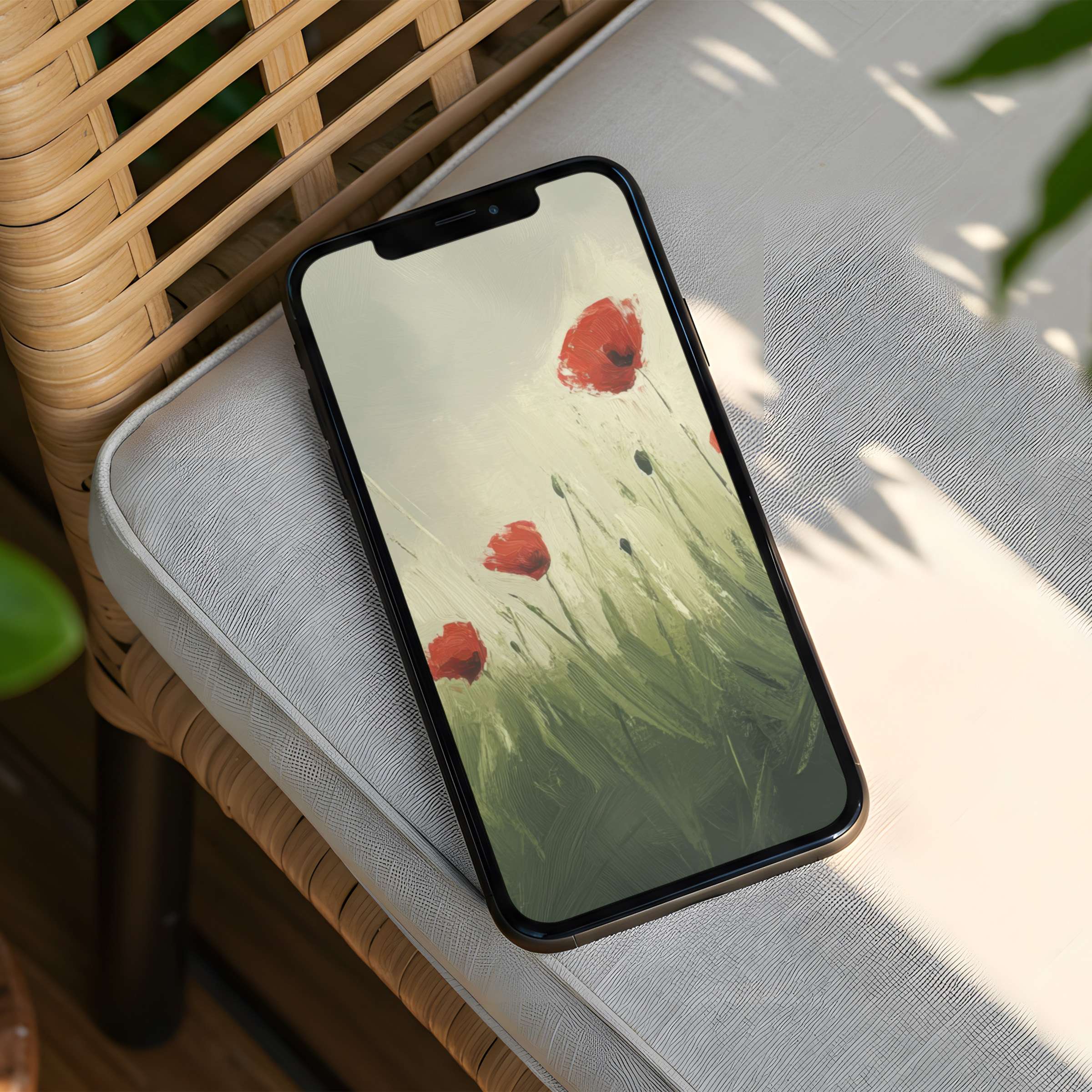 Elegant iPhone background with serene red poppies in a dreamy field perfect for instant download on any phone for mindful inspiration