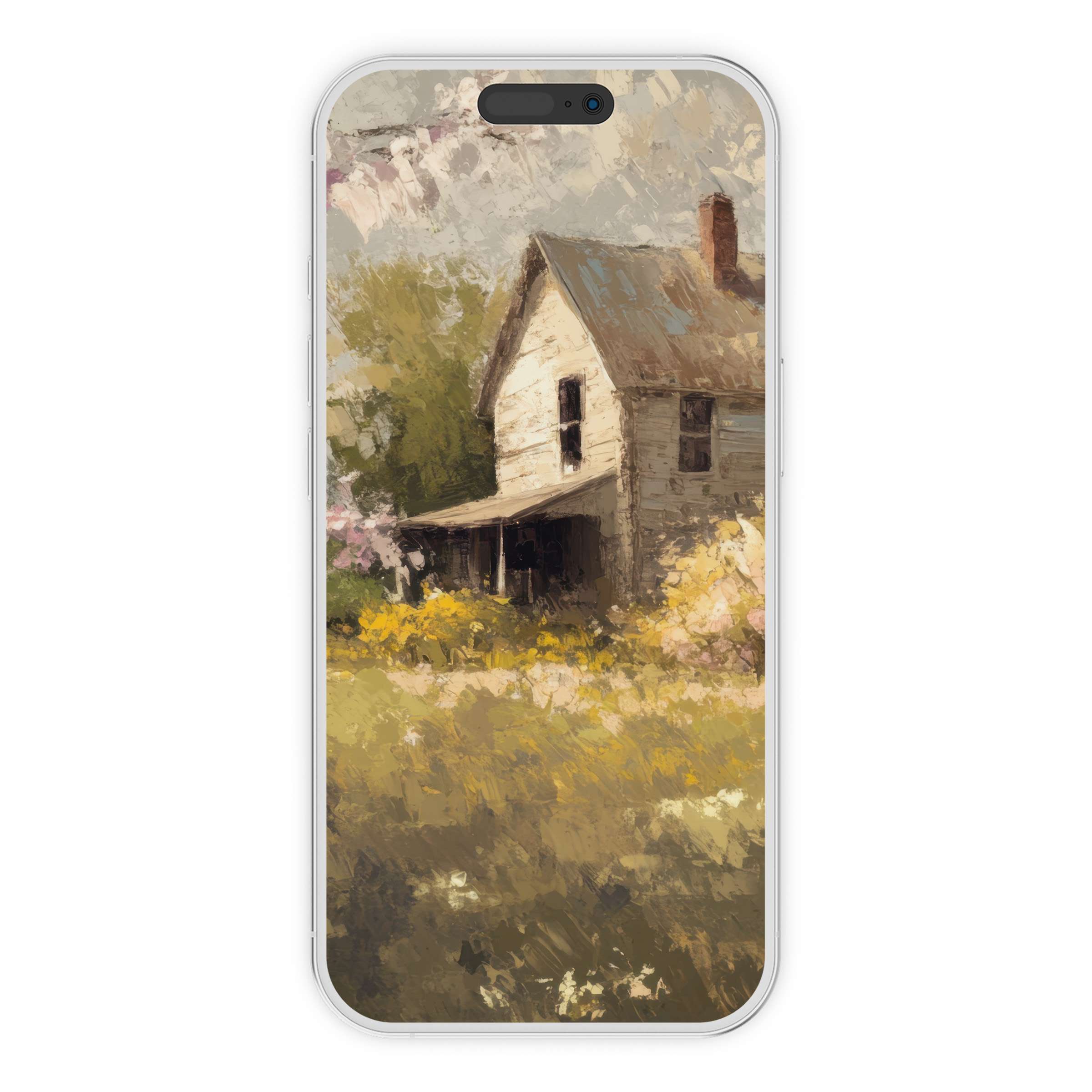 Spring iPhone wallpaper featuring an elegant digital download of a rustic house amidst blooming flowers, perfect phone background for calm aesthetics