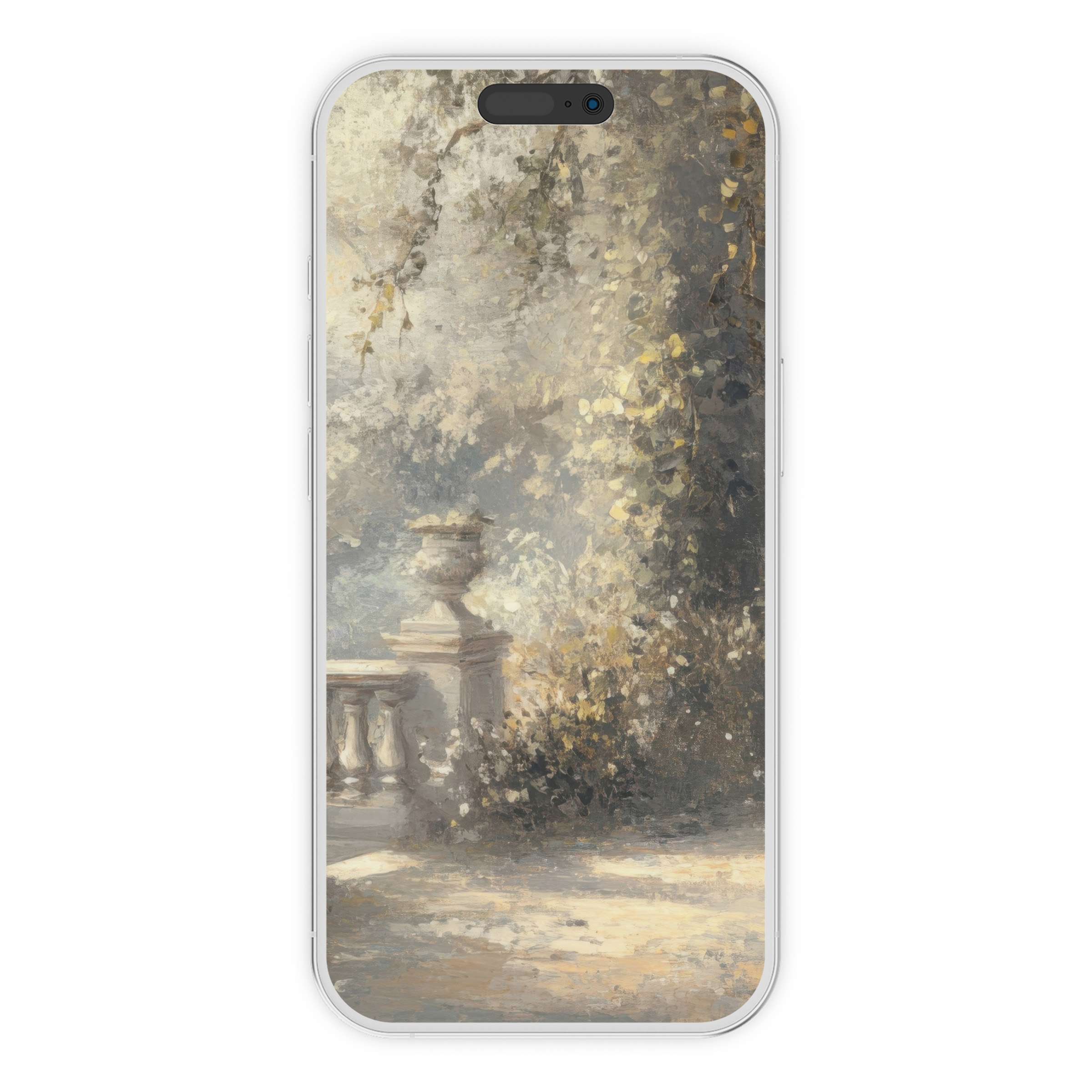 Elegant spring iPhone wallpaper featuring a serene garden scene with warm hues and soft textures for a calming phone background digital download