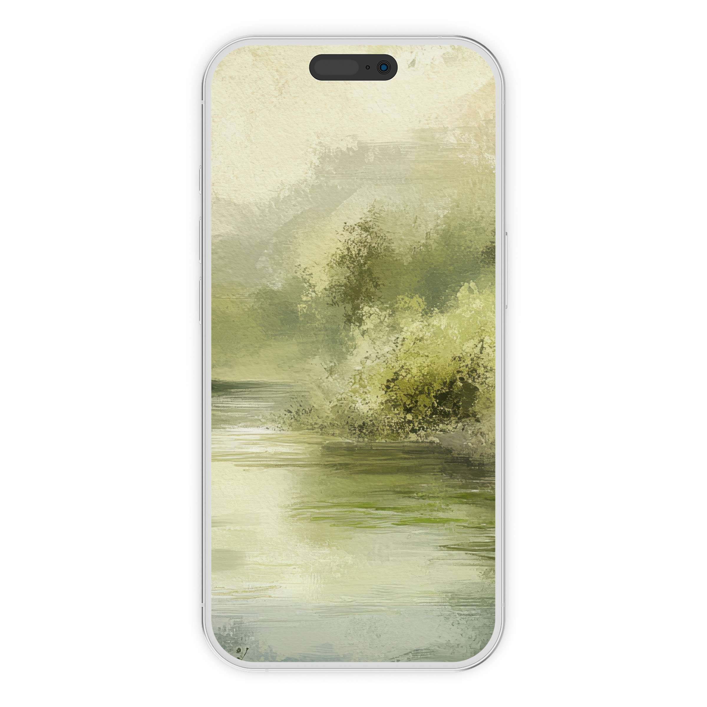 Serene spring iPhone wallpaper features a tranquil water reflection with lush green foliage, perfect digital download for phone background