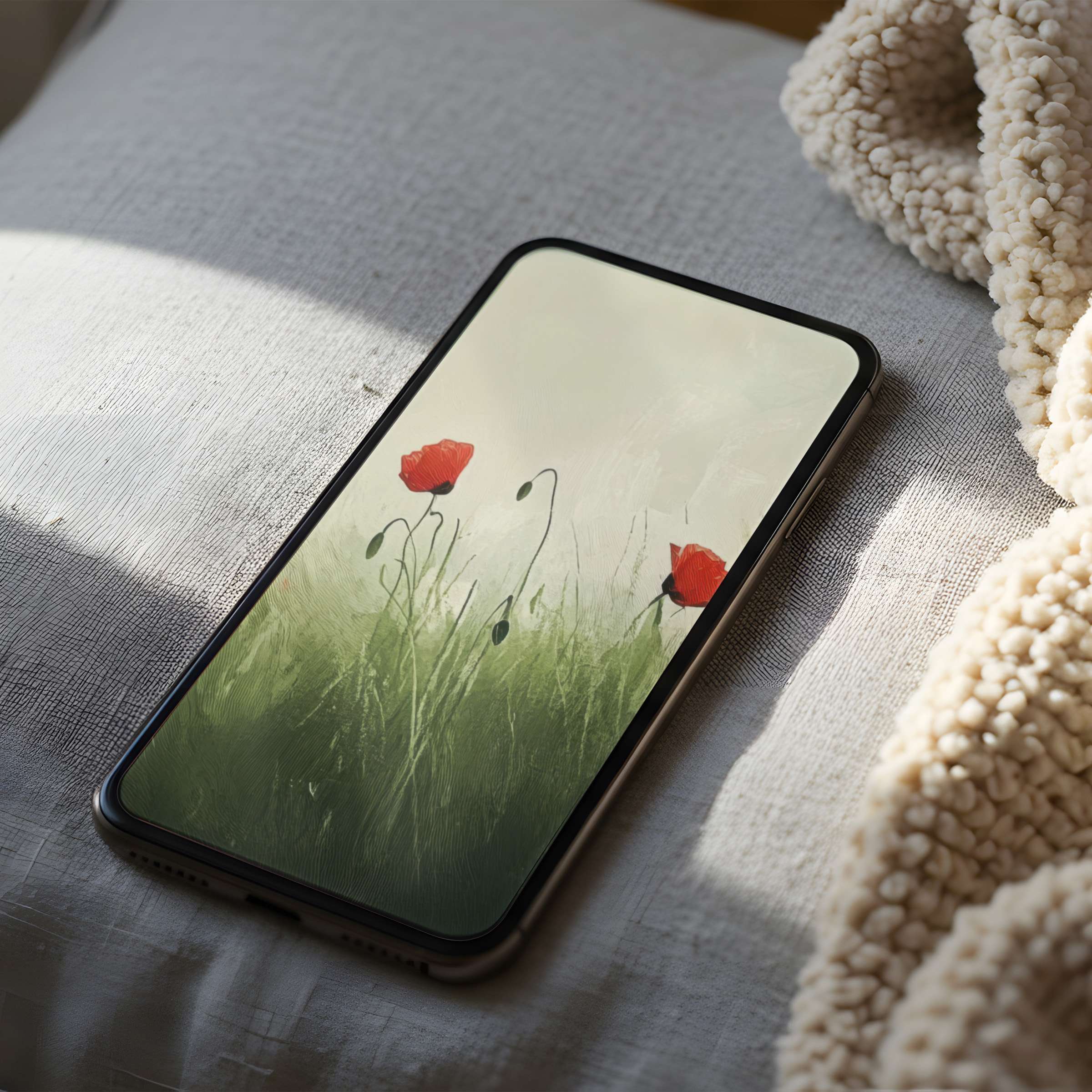 Elegant red poppies in lush green grass create a calming phone wallpaper; high resolution download for iPhone and Android phones