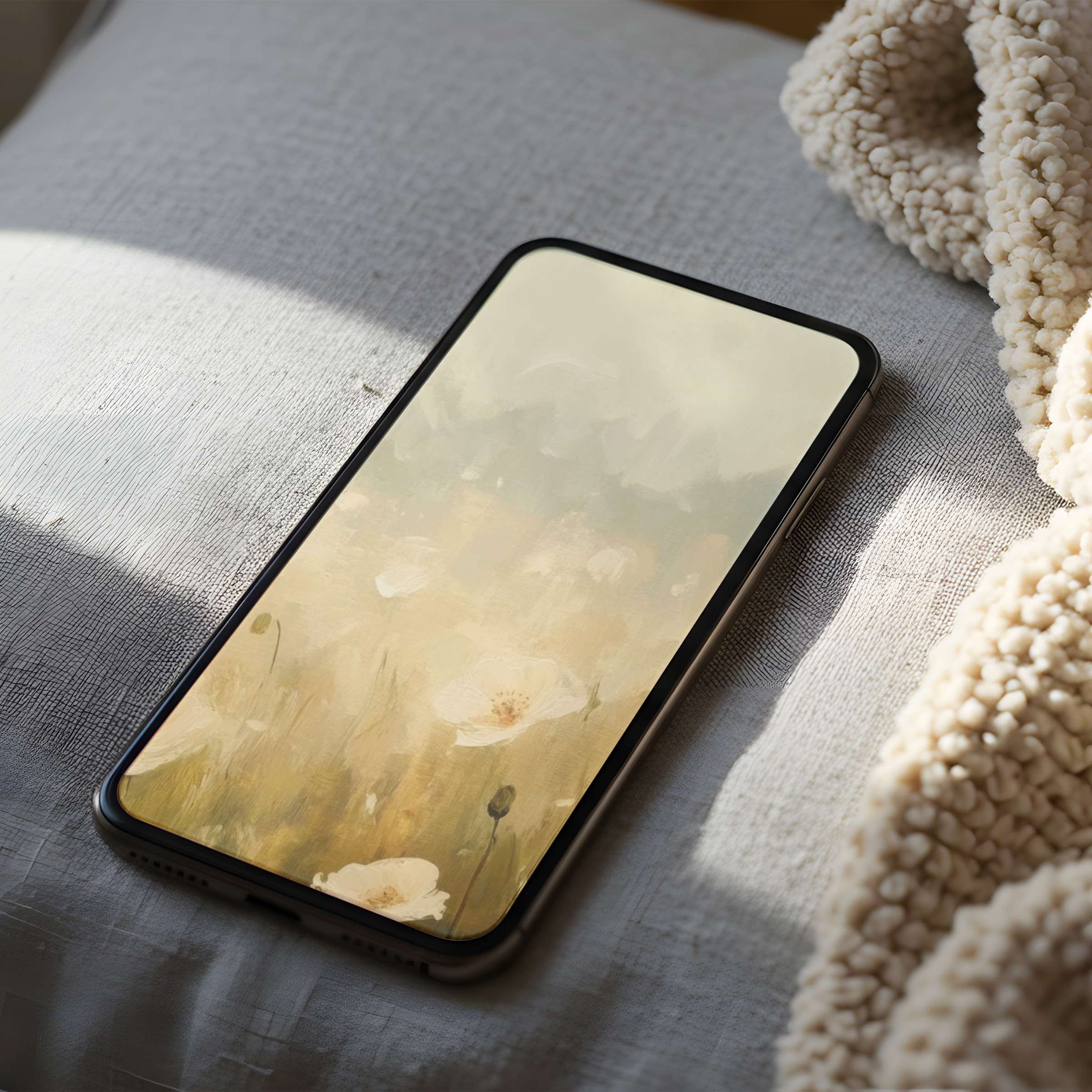 Elegant phone wallpaper featuring serene pastel floral art on soft linen evokes tranquility suitable for iPhone and Android, digital download
