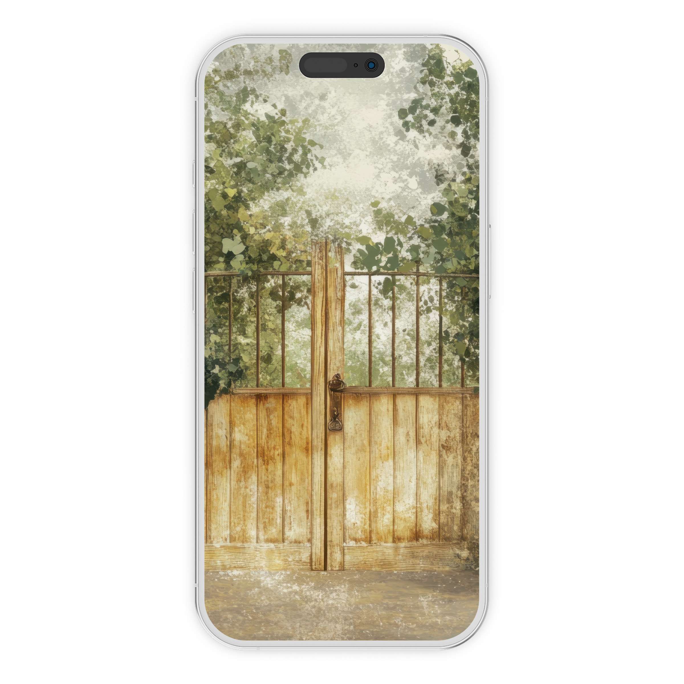 Rustic gate with lush green foliage creating a serene spring iPhone wallpaper background for digital download suitable for any phone