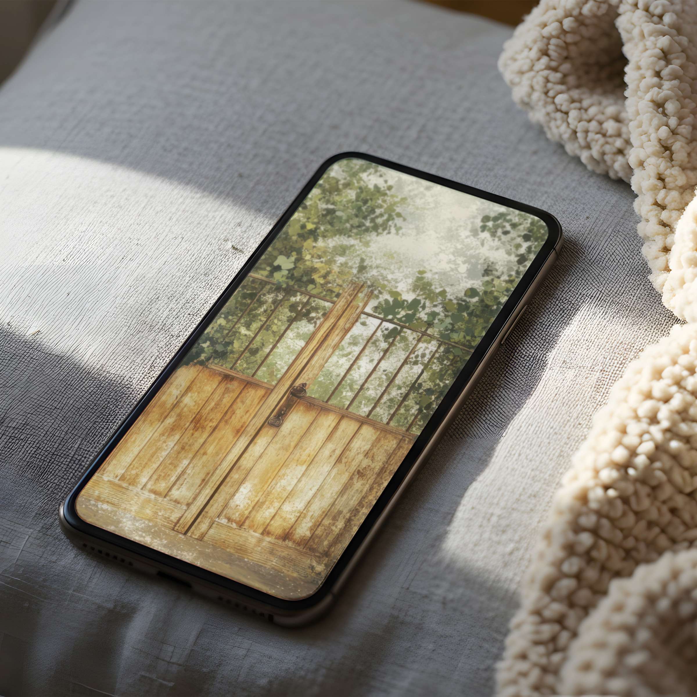 Elegant phone wallpaper showcasing a serene wooden gate surrounded by foliage in high resolution, perfect for iPhone and android devices