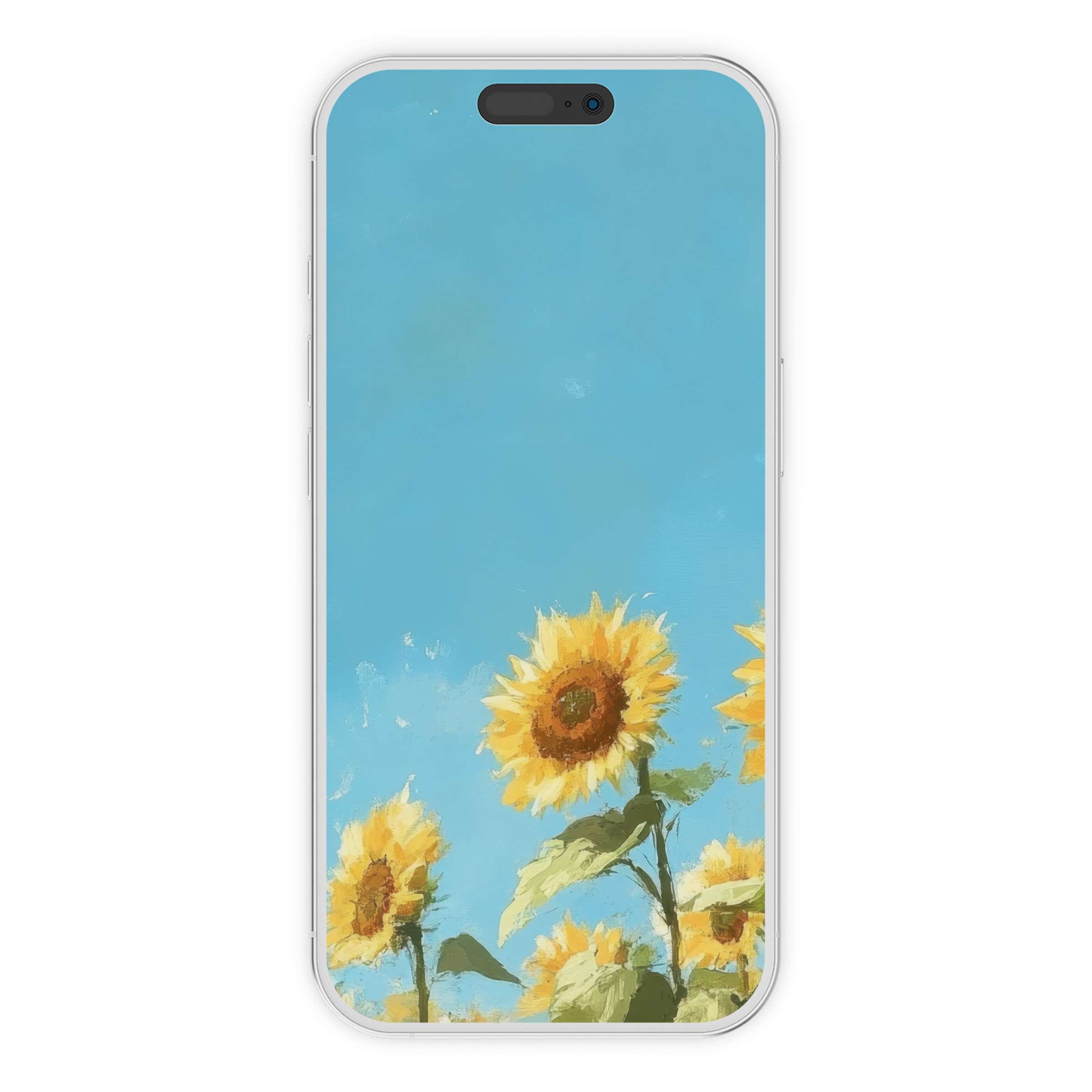 Sun-kissed sunflowers under a vibrant blue sky create an inspiring spring iPhone wallpaper digital download for phone background delight