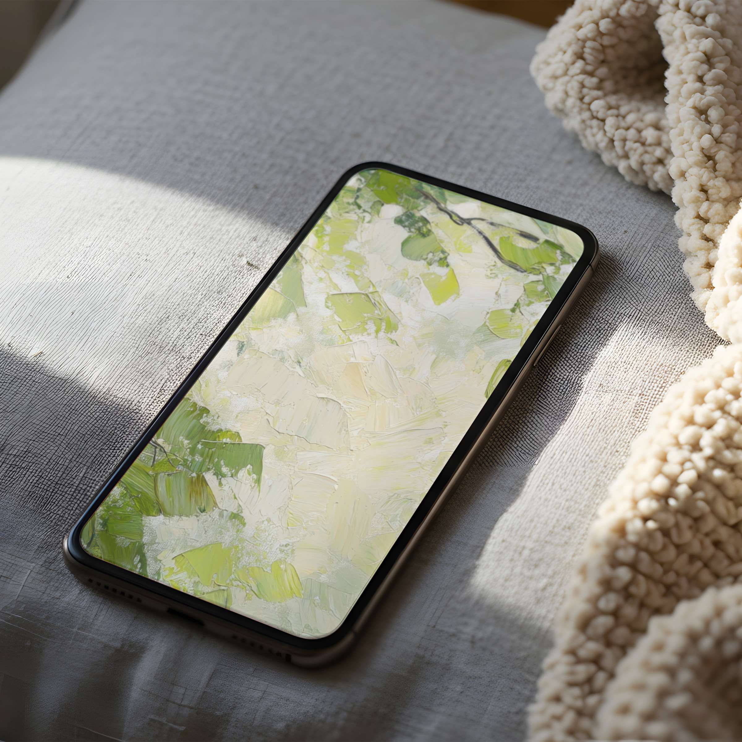 Elegant abstract green brushstroke design phone wallpaper in high resolution, perfect for iPhone and Android, enhancing calm spaces