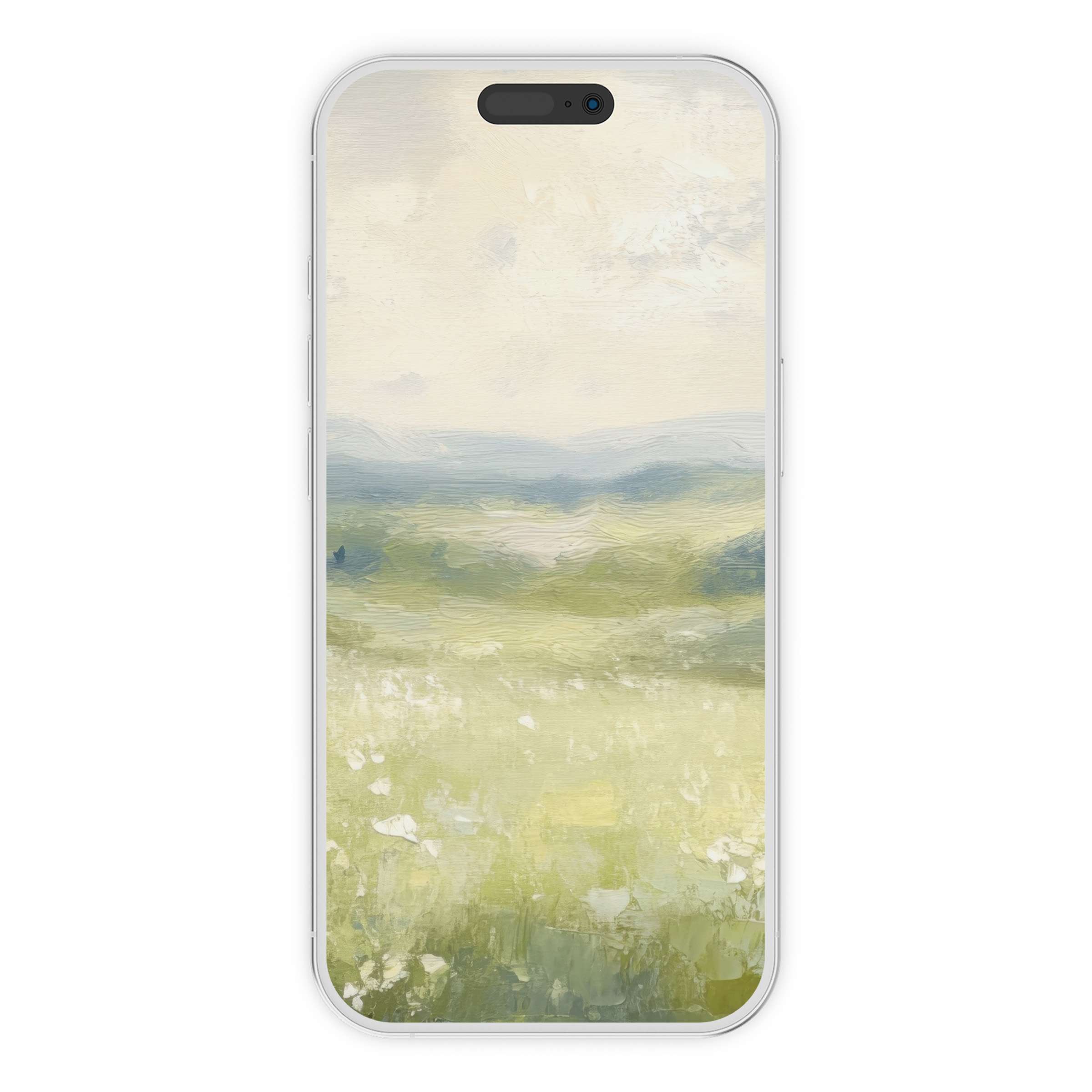 Calming spring iPhone wallpaper for serene phone backgrounds, featuring a soft, dreamy landscape digital download for stylish devices