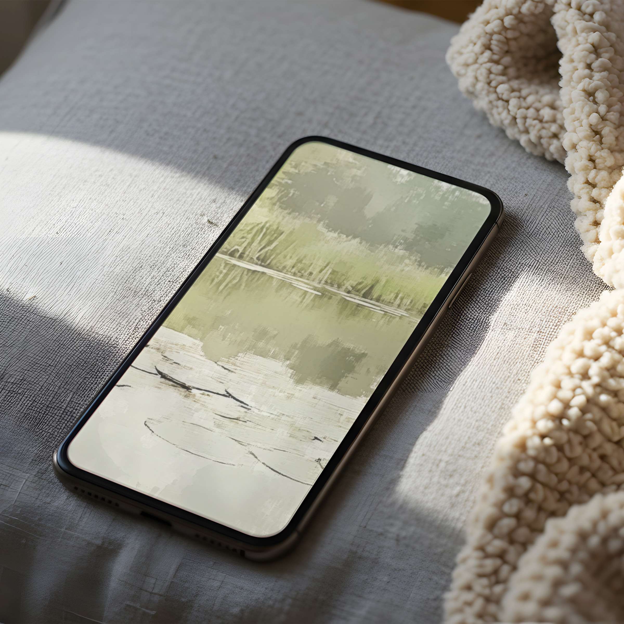 Calming phone wallpaper with serene nature motif in soft green tones, perfect high resolution for iPhone and Android digital download
