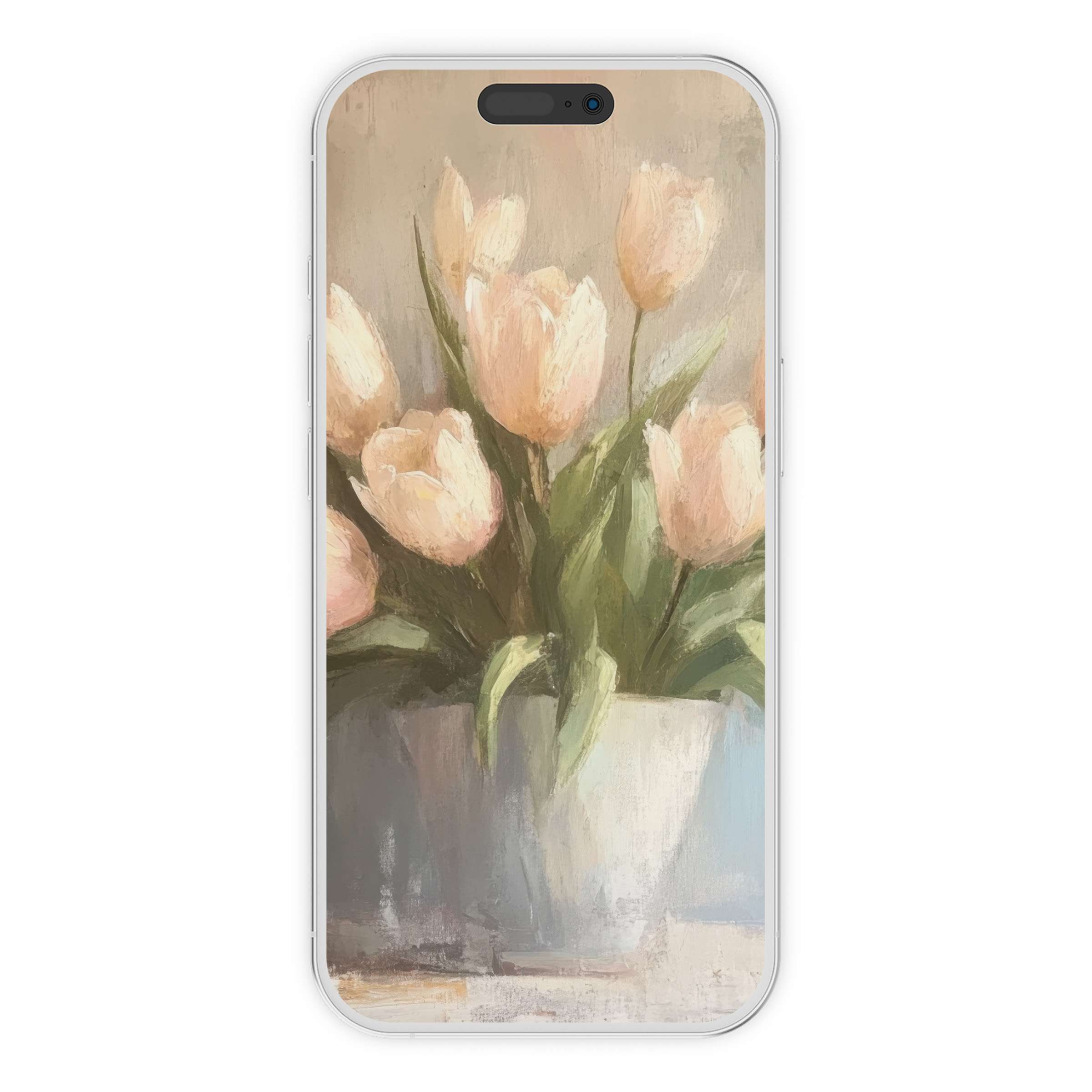 Elegant spring iPhone wallpaper featuring pastel tulips in a soft digital download painting, perfect phone background for tranquility