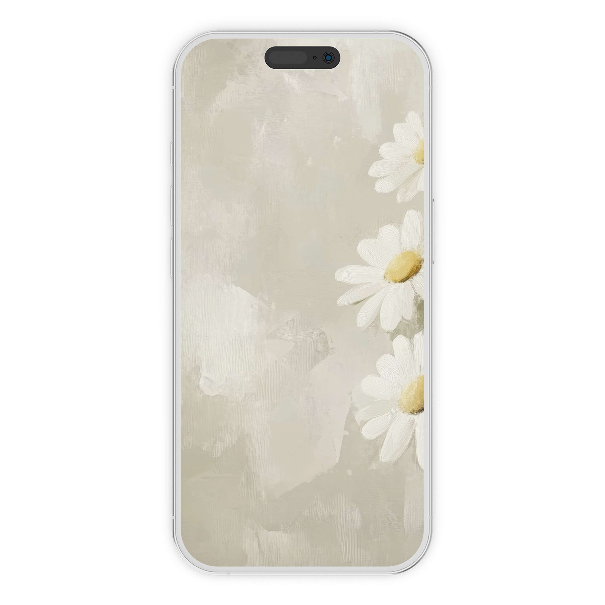 Elegant spring iPhone wallpaper featuring soft daisies on a muted background for a serene phone look digital download available