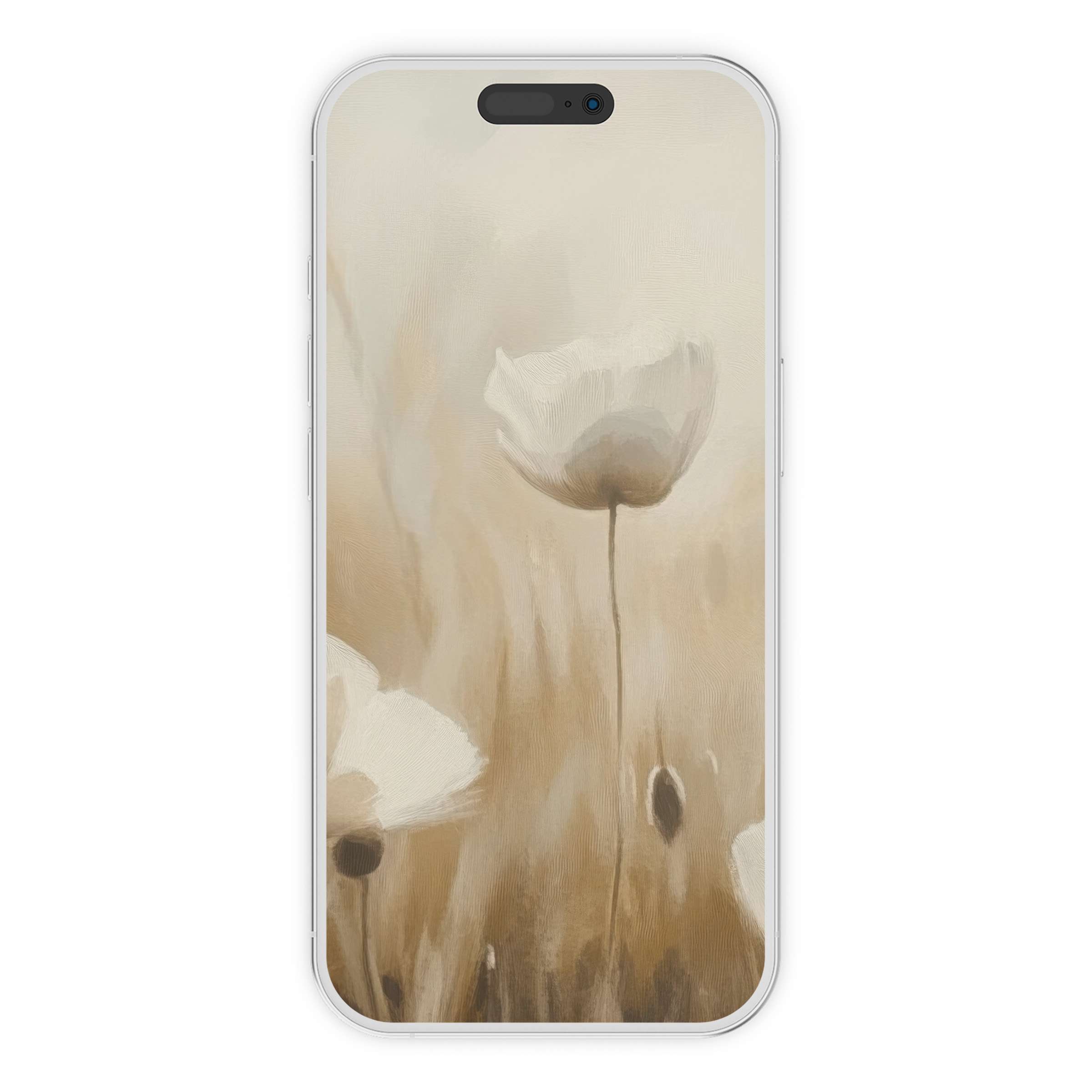 Elegant spring iPhone wallpaper with soft, neutral tones and painterly floral background, perfect digital download for phone design enthusiasts