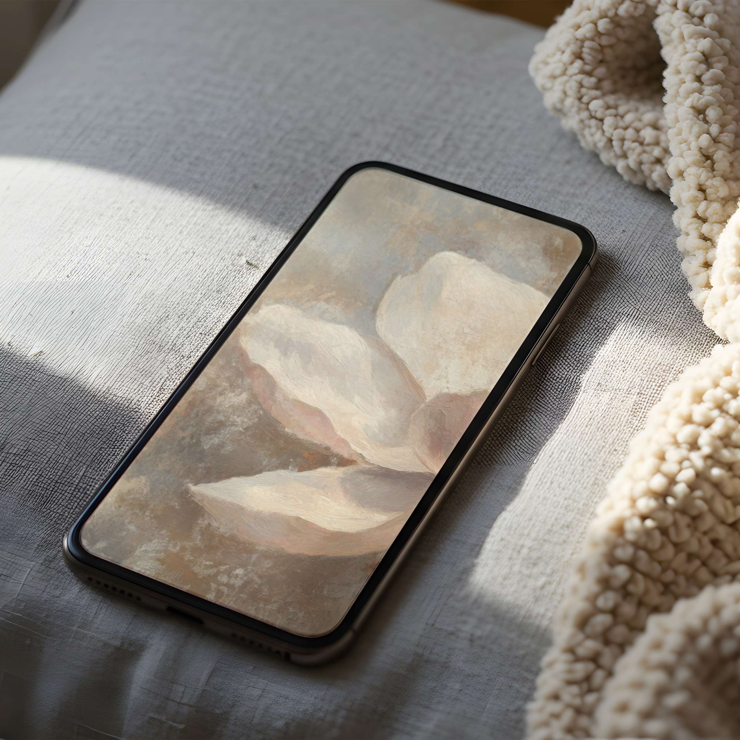 Elegant phone wallpaper featuring serene floral artwork in soft tones on fabric, perfect high resolution for iPhone and Android download
