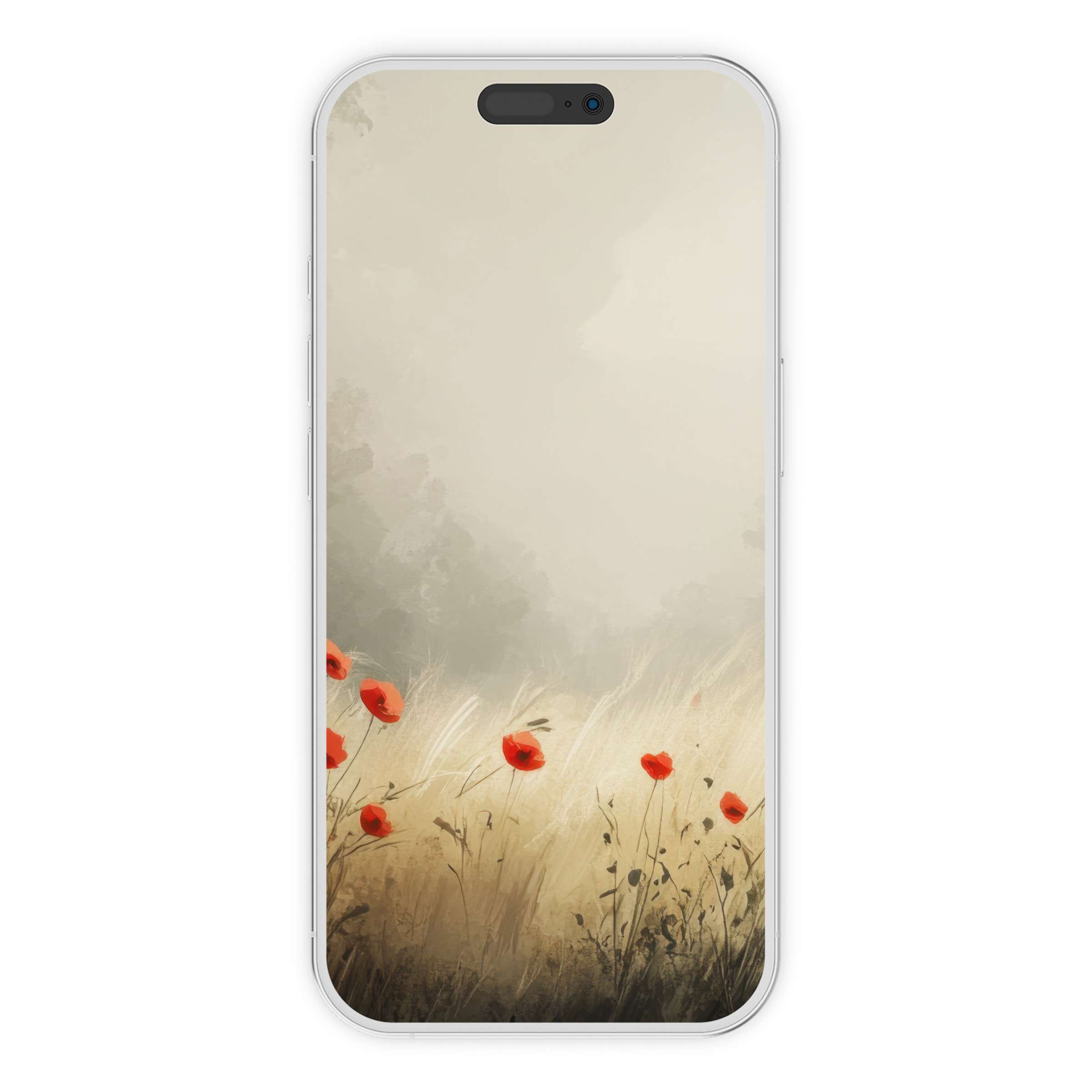Serene poppy field in misty spring iPhone wallpaper offers a calming digital download for phone background tranquility on all devices