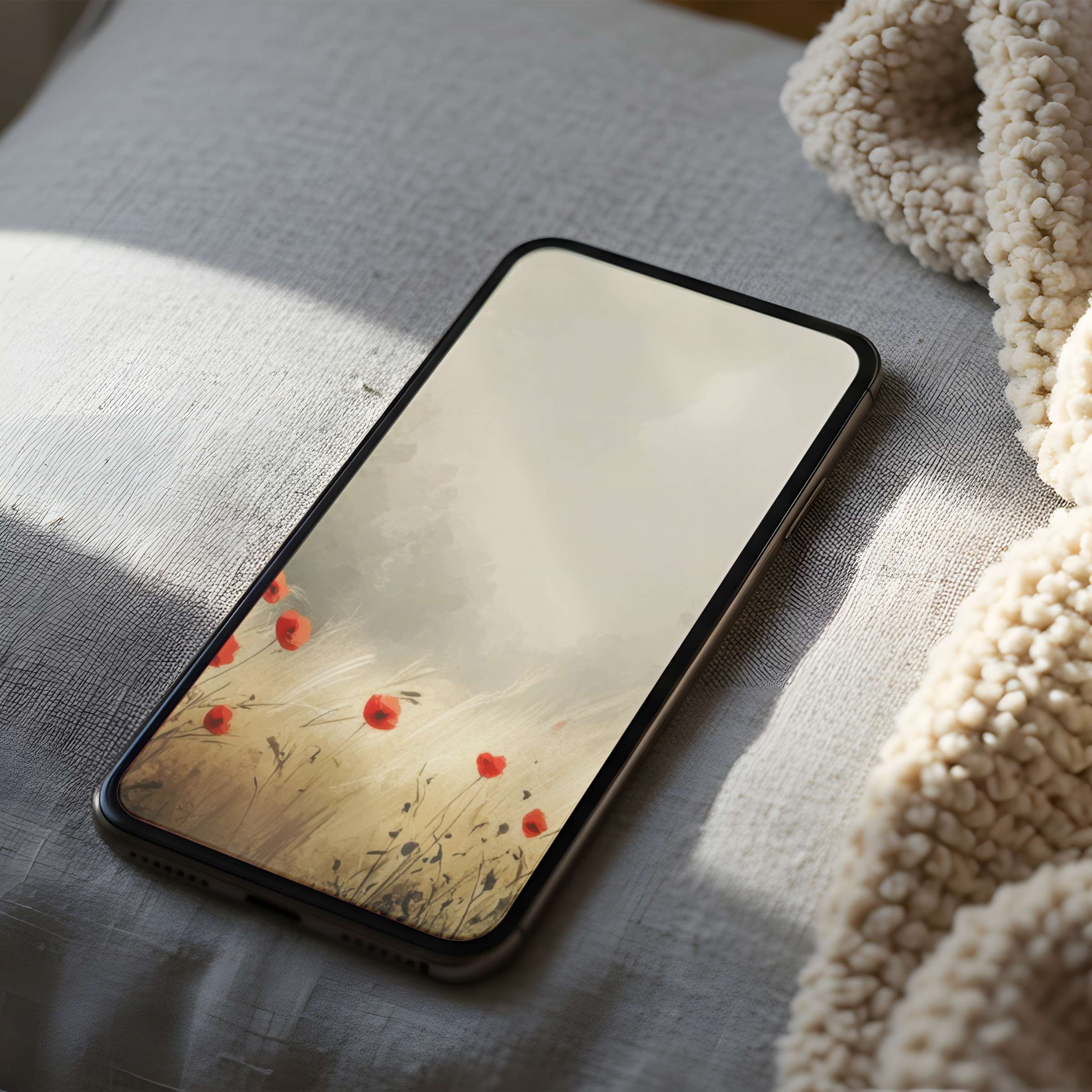 Elegant phone wallpaper with serene red poppies and misty hues on a cozy backdrop perfect for high-resolution digital download