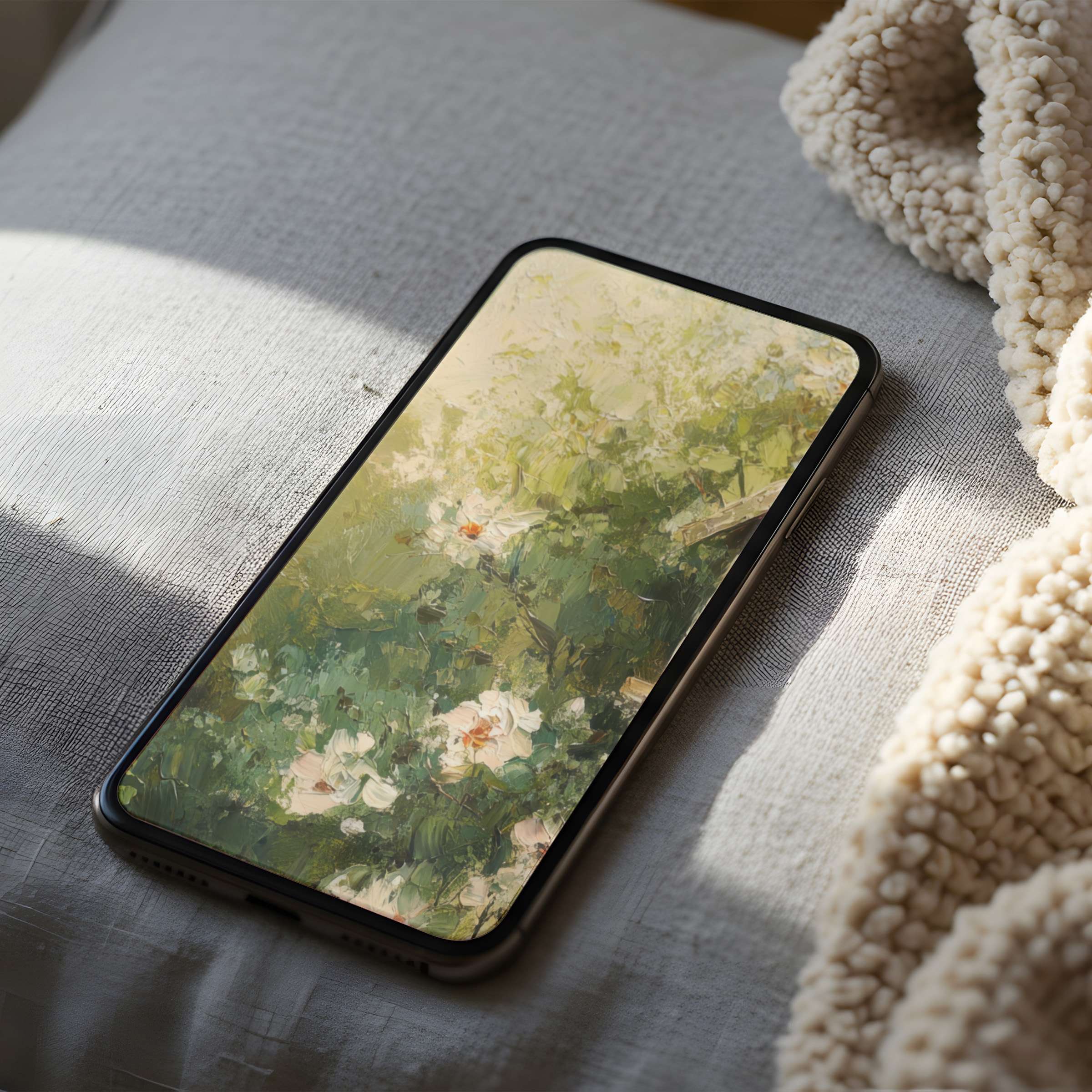 Elegant phone wallpaper featuring an impressionist floral motif in green and cream tones, perfect for iPhone and Android digital download