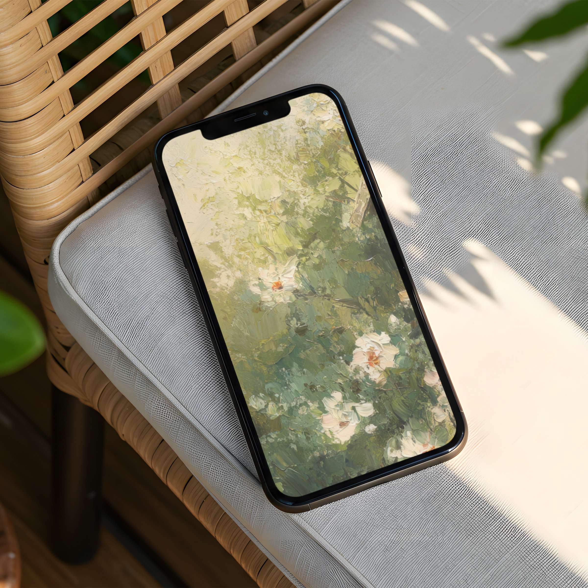 Elegant iPhone background with serene floral art in soft greens and whites, perfect for instant download to phone screens