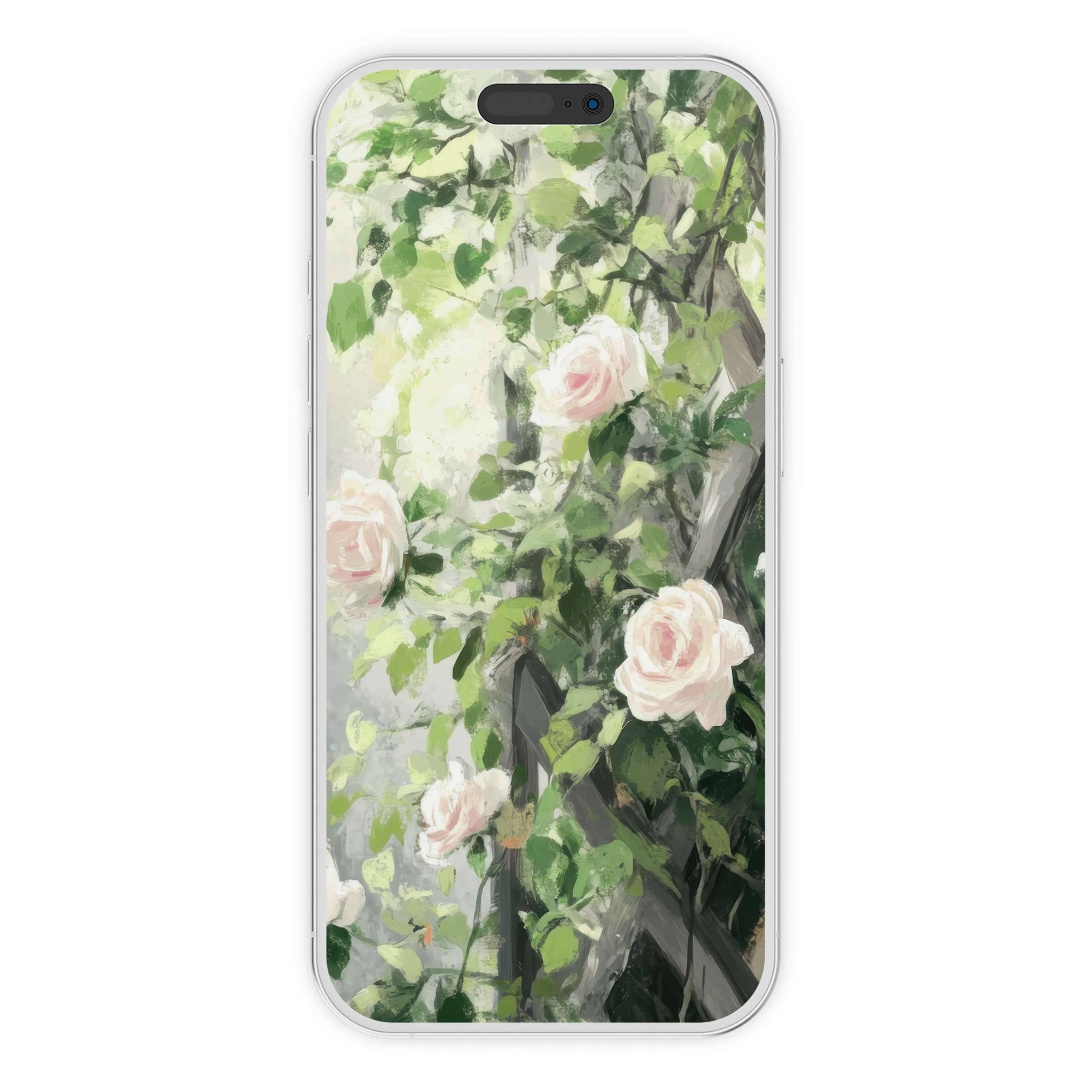 Elegant spring iPhone wallpaper featuring soft pink roses and lush greenery as a digital download for your phone background update