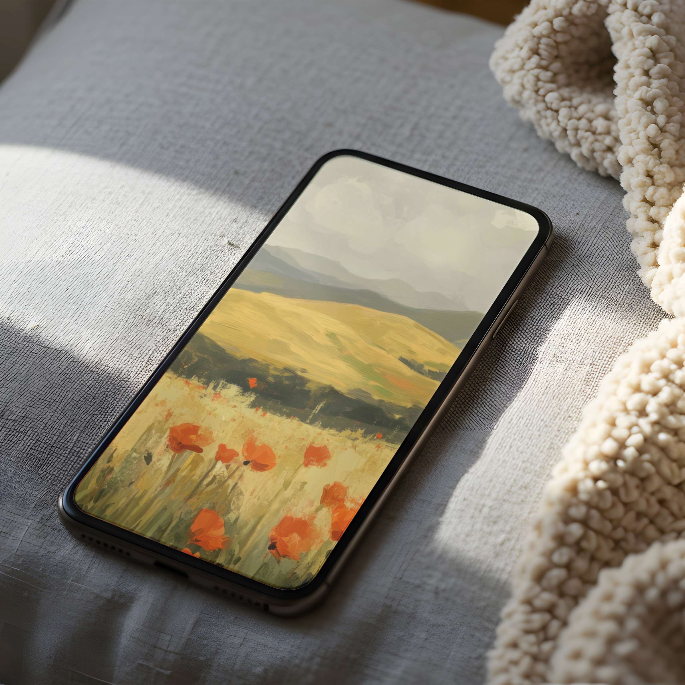 Serene landscape phone wallpaper with vibrant poppies and rolling hills in high resolution offers tranquility for iPhone and Android download