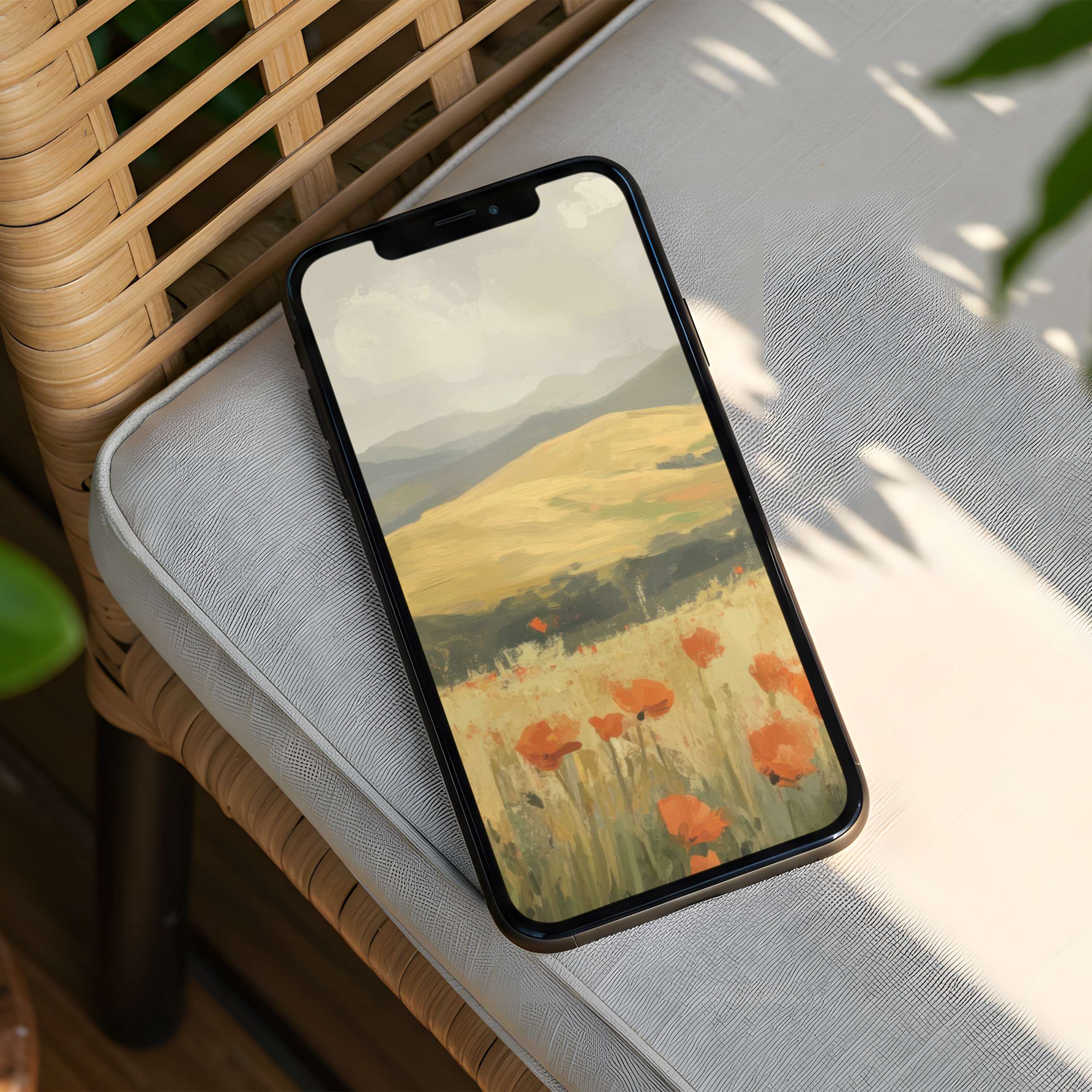 Serene landscape with soft hues of green and orange poppies iPhone background for instant download on any phone inspiring calm
