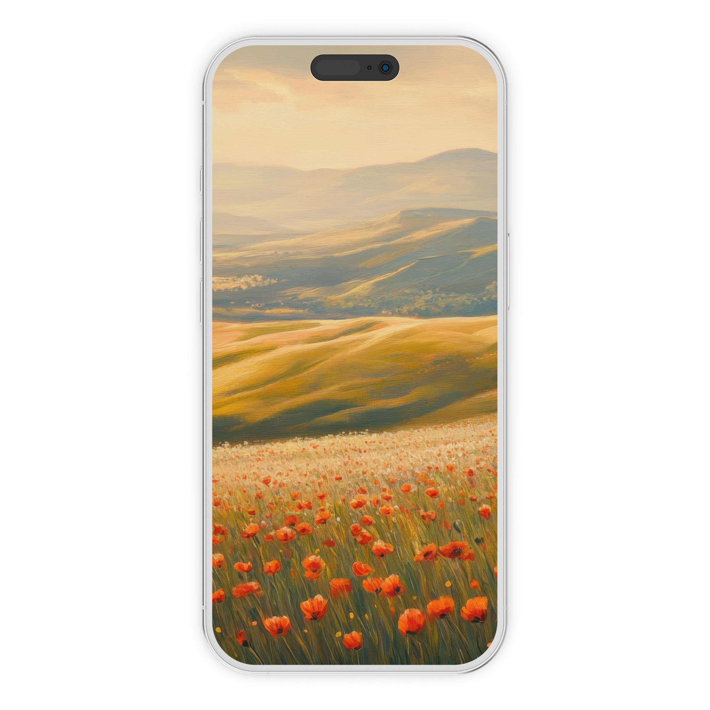 Spring iPhone wallpaper featuring tranquil hills with vibrant poppies offers a serene, artistic phone background digital download