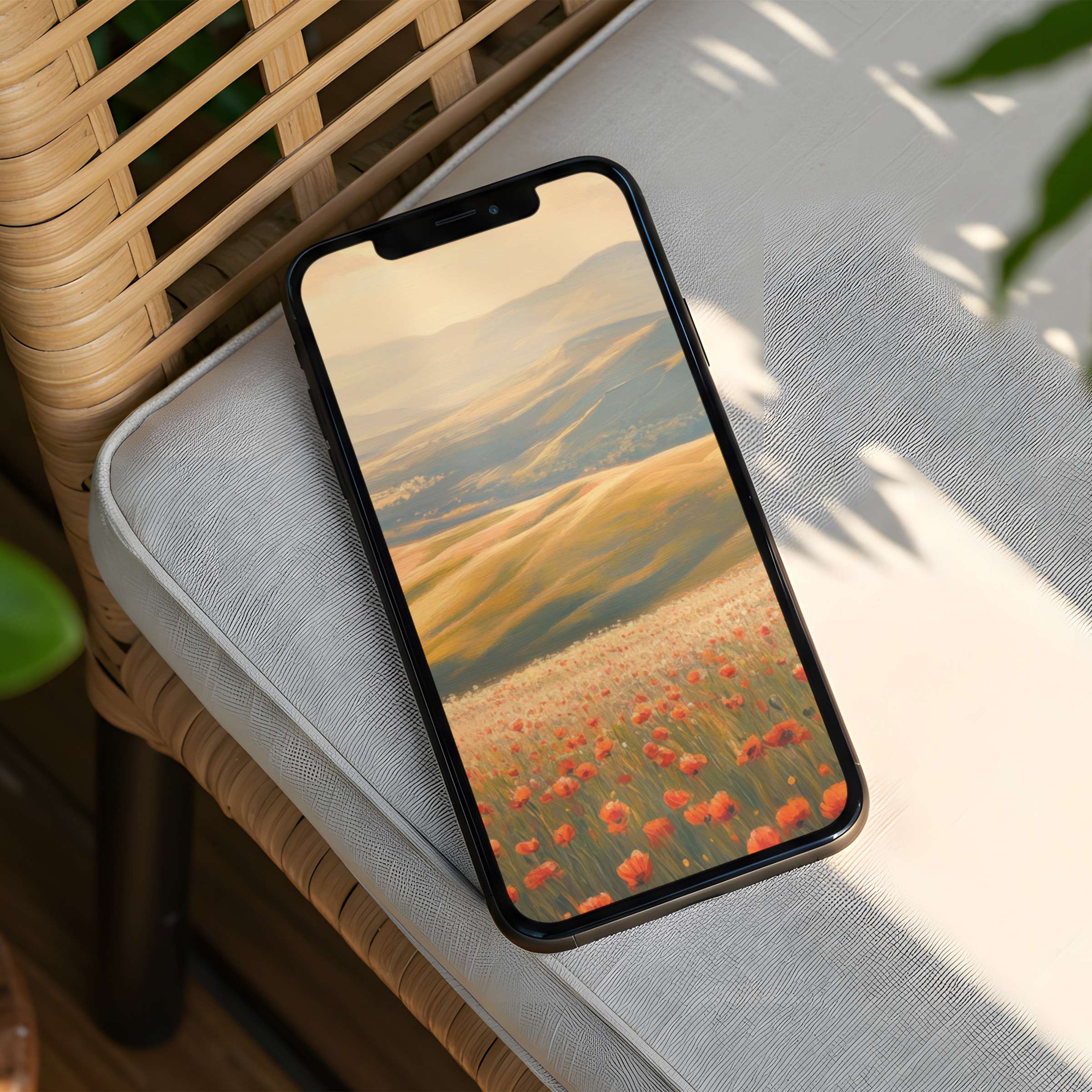 Elegant iPhone background with serene landscape painting on phone screen promising calm and inspiration through instant download