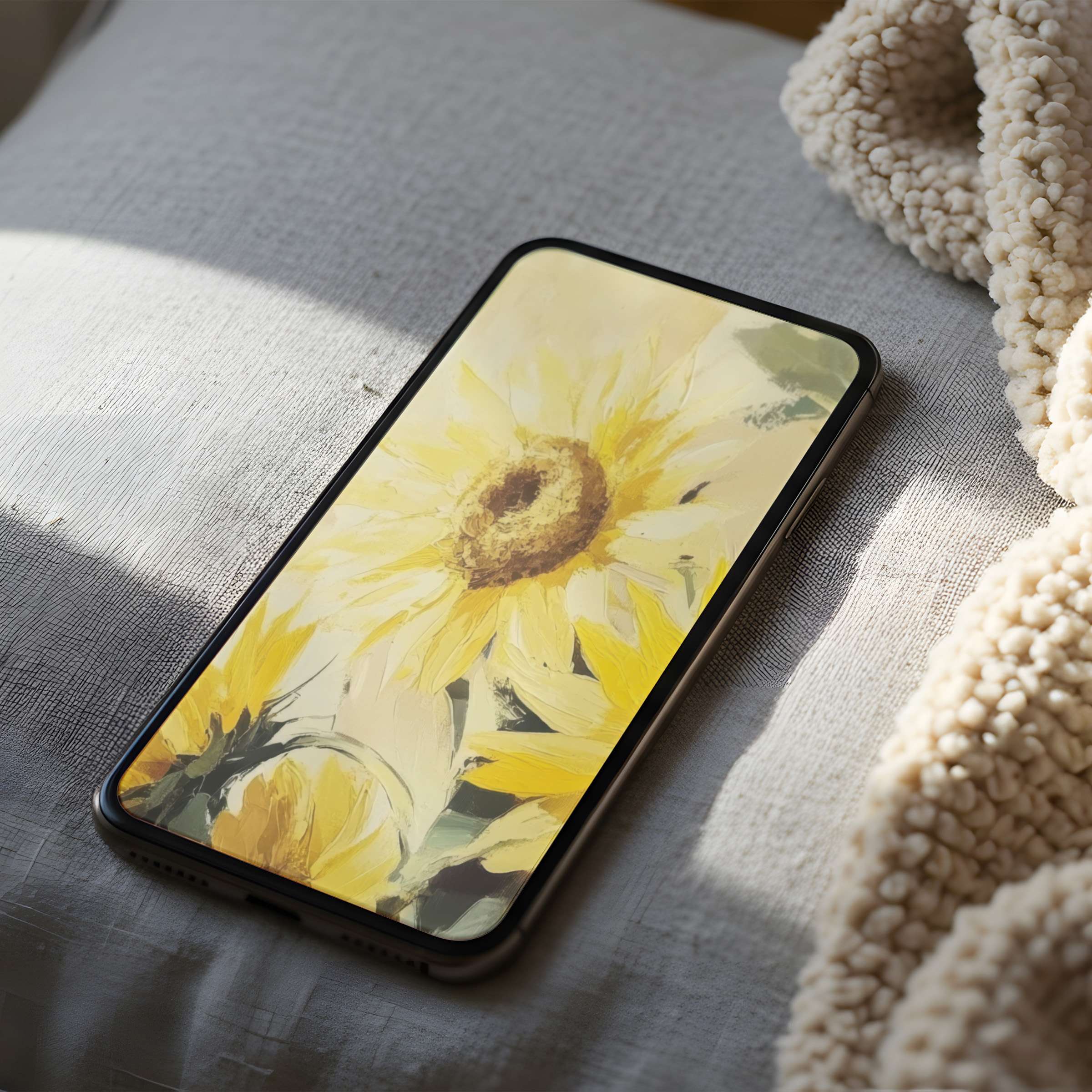 Elegant sunflower digital art phone wallpaper, perfect for iPhone and Android devices, offering a high-resolution calming aesthetic download