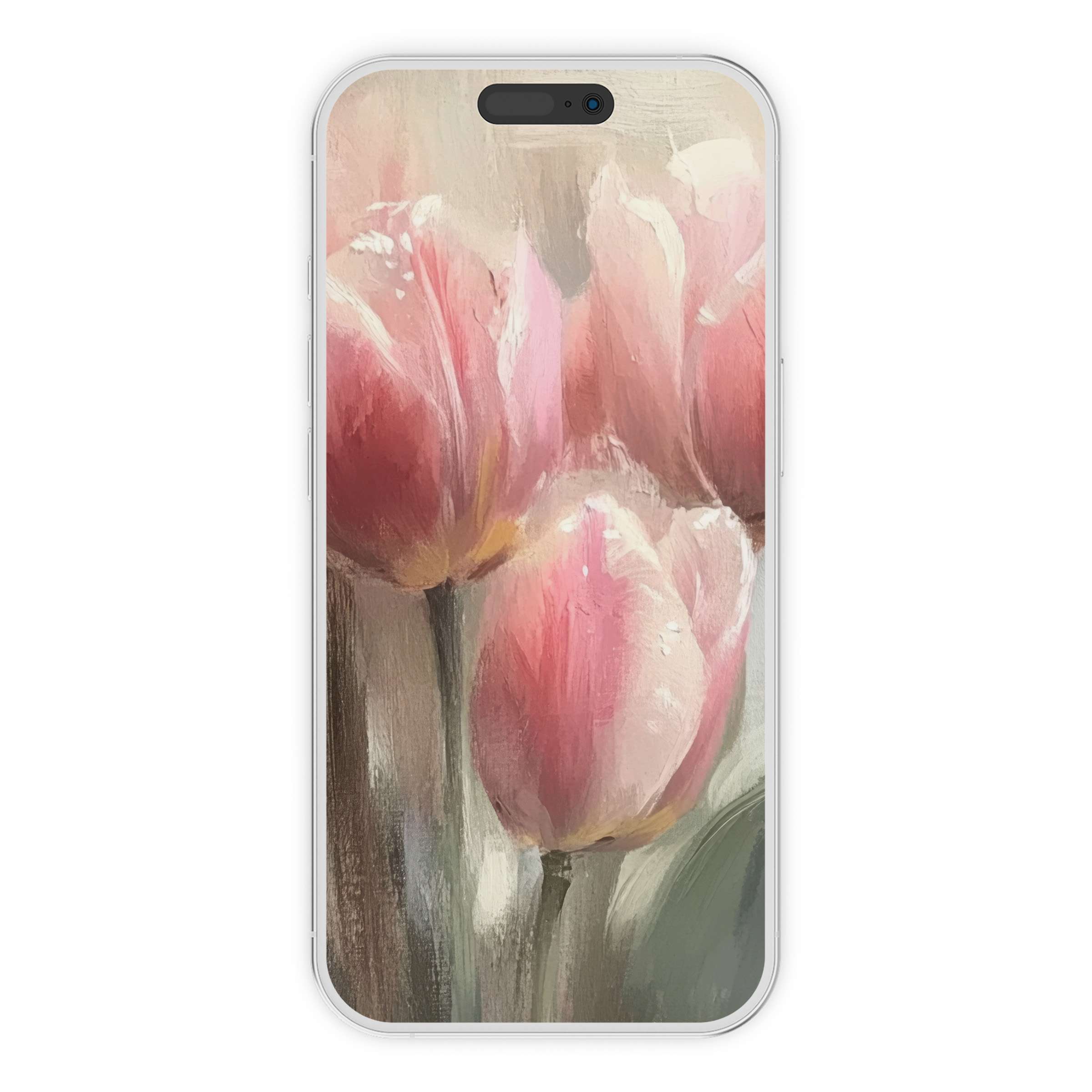 Soft pink tulips in an oil painting style create a serene spring iPhone wallpaper phone background digital download for tranquility