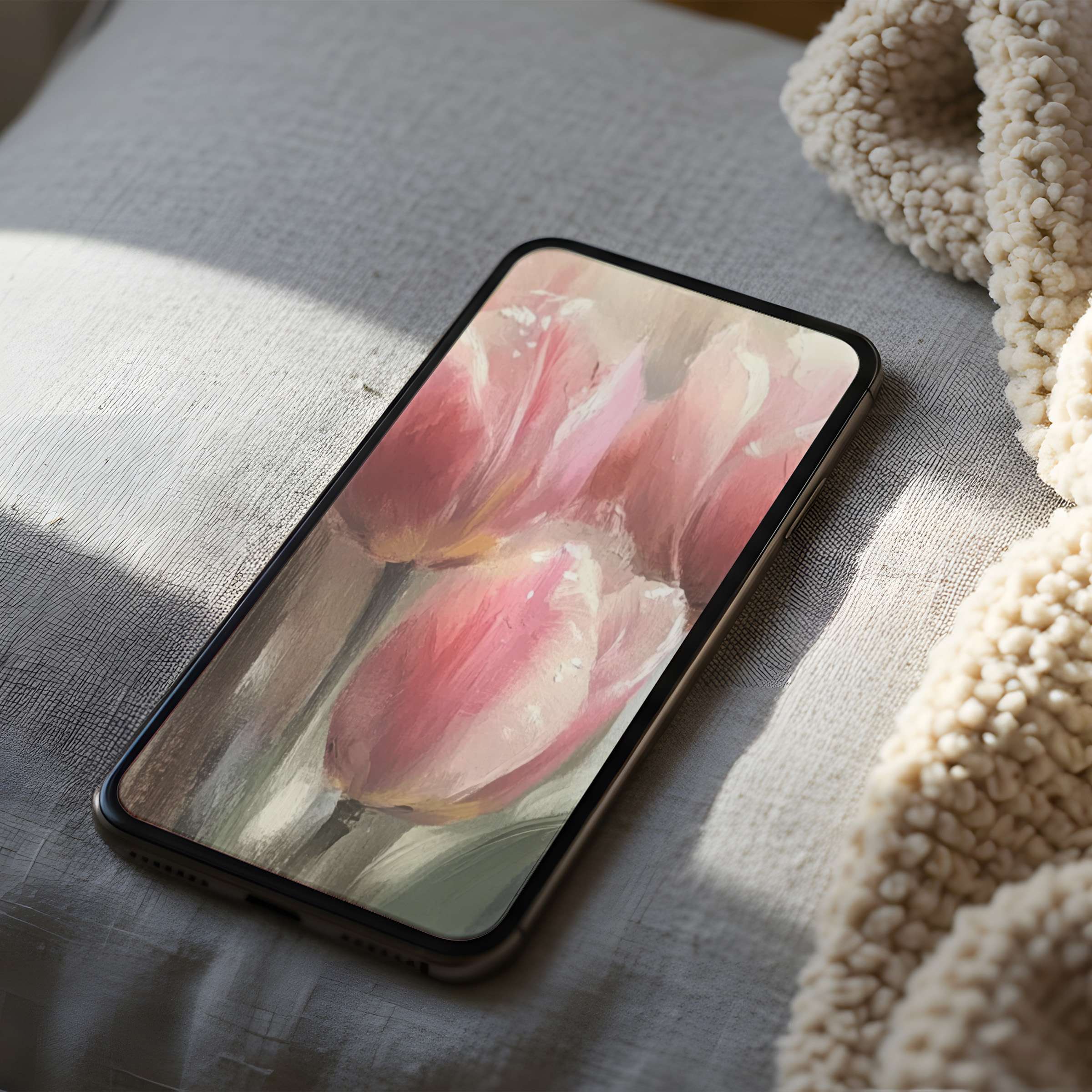 Elegant phone wallpaper with soft pink tulip painting, ideal for iPhone and Android, offering a serene digital download for design lovers
