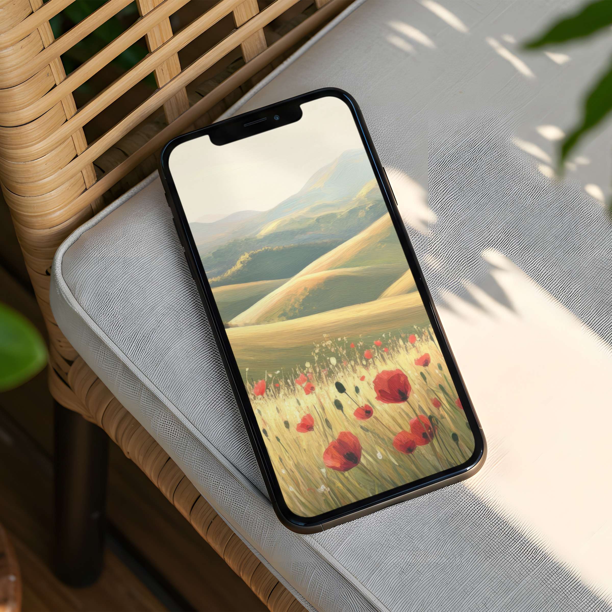 Elegant iPhone background featuring serene rolling hills and poppies for instant download fits any phone inspiring calm and mindfulness