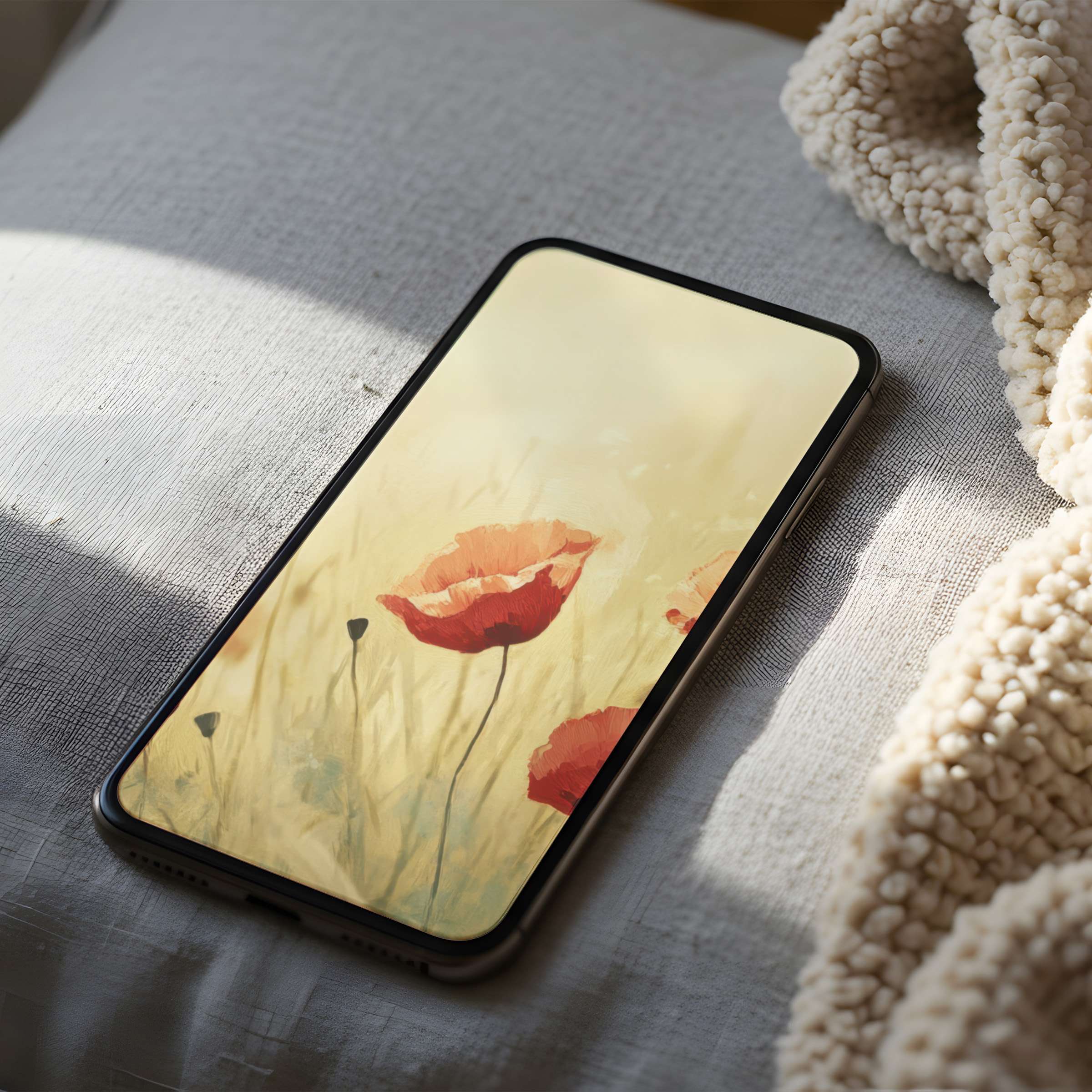 Elegant phone wallpaper featuring a serene poppy field in soft pastel hues perfect for iPhone and Android digital download
