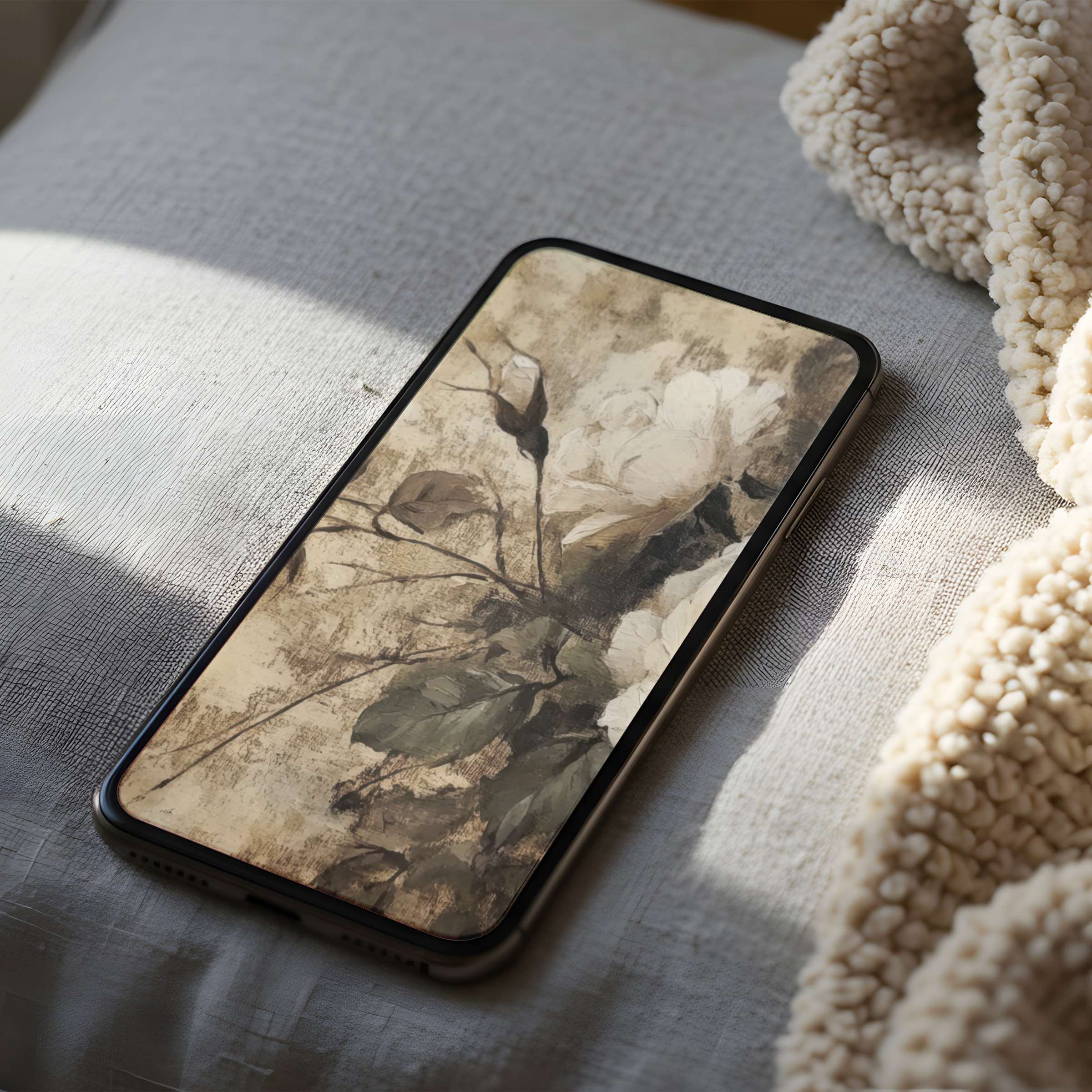 Elegant floral phone wallpaper with muted tones in high resolution enhances calm interiors, perfect for iPhone and Android use