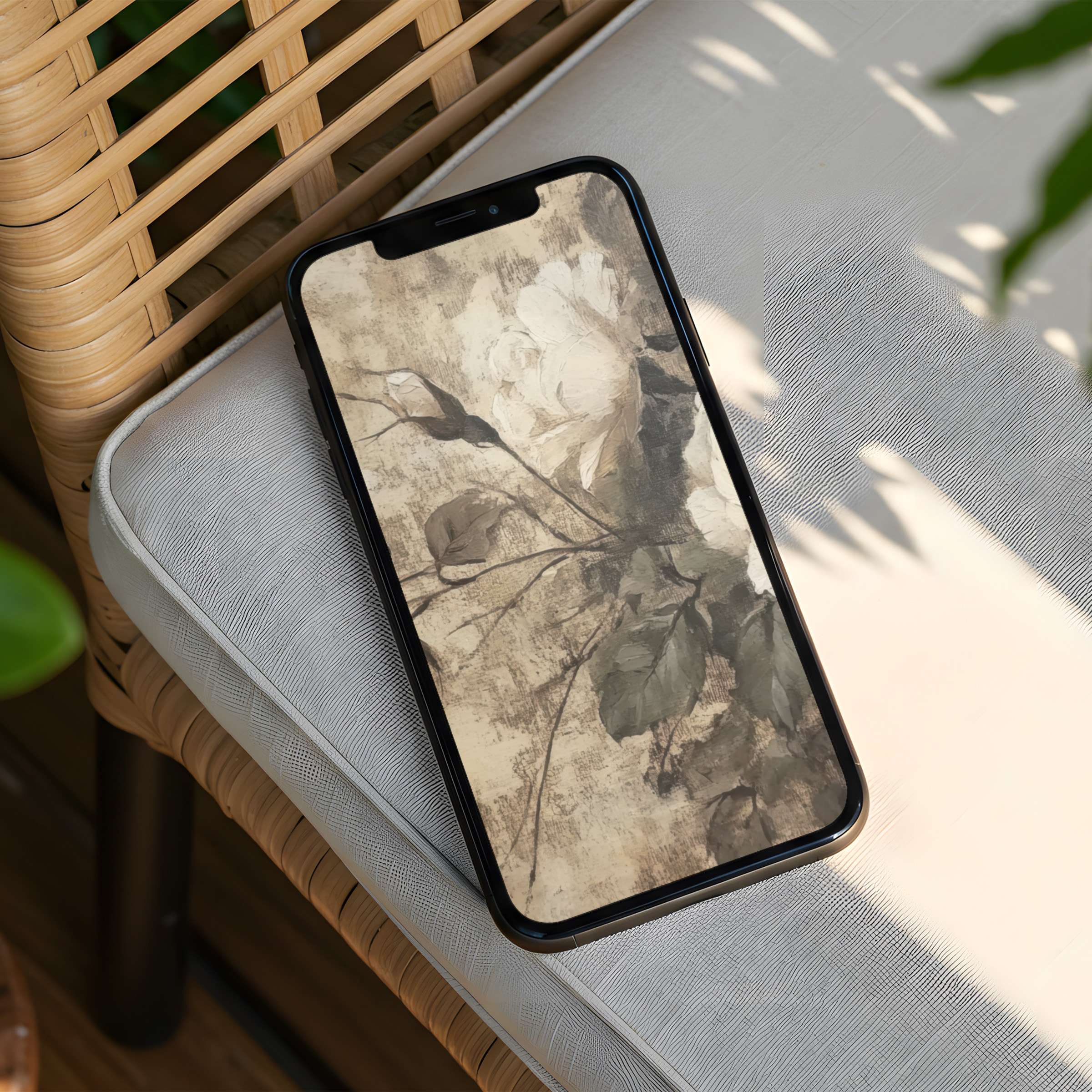 Elegant floral iPhone background in soft sepia tones offers instant download for phone screens inspiring calm and mindfulness