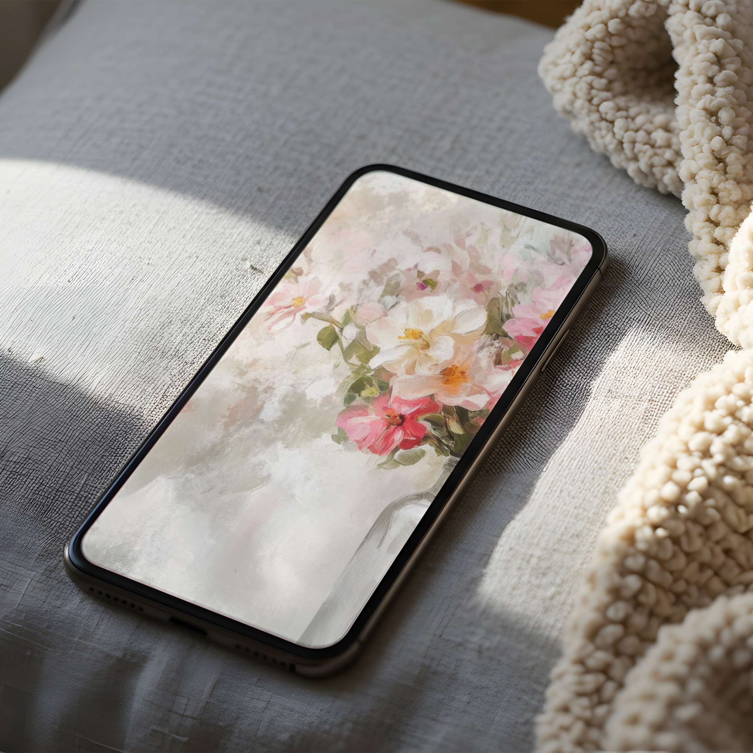 Elegant floral phone wallpaper in soft pink hues on iPhone cushion setting creates a calming digital art download for all devices
