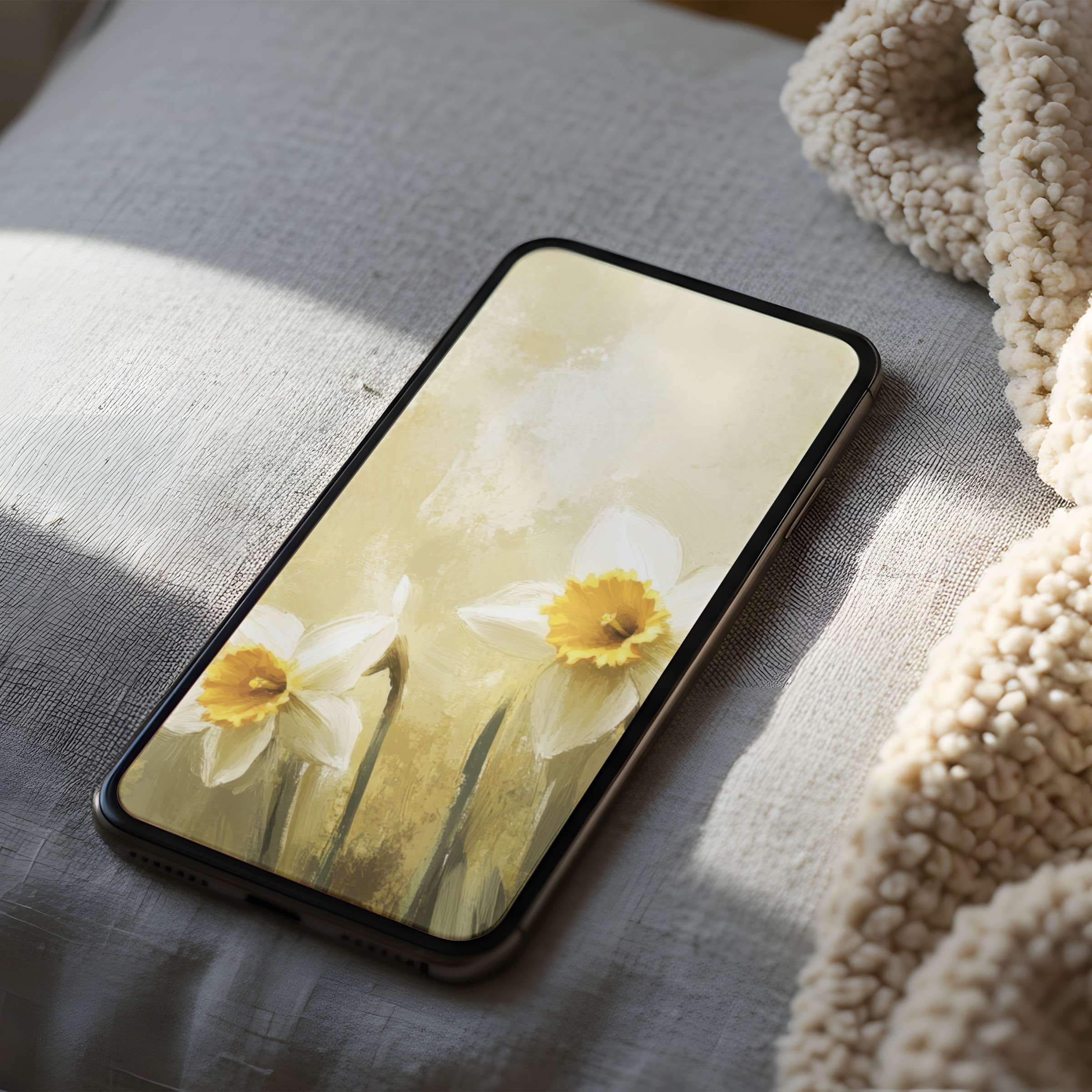 Calming floral phone wallpaper featuring elegant daffodils in soft pastels perfect for iPhone and android high resolution digital download