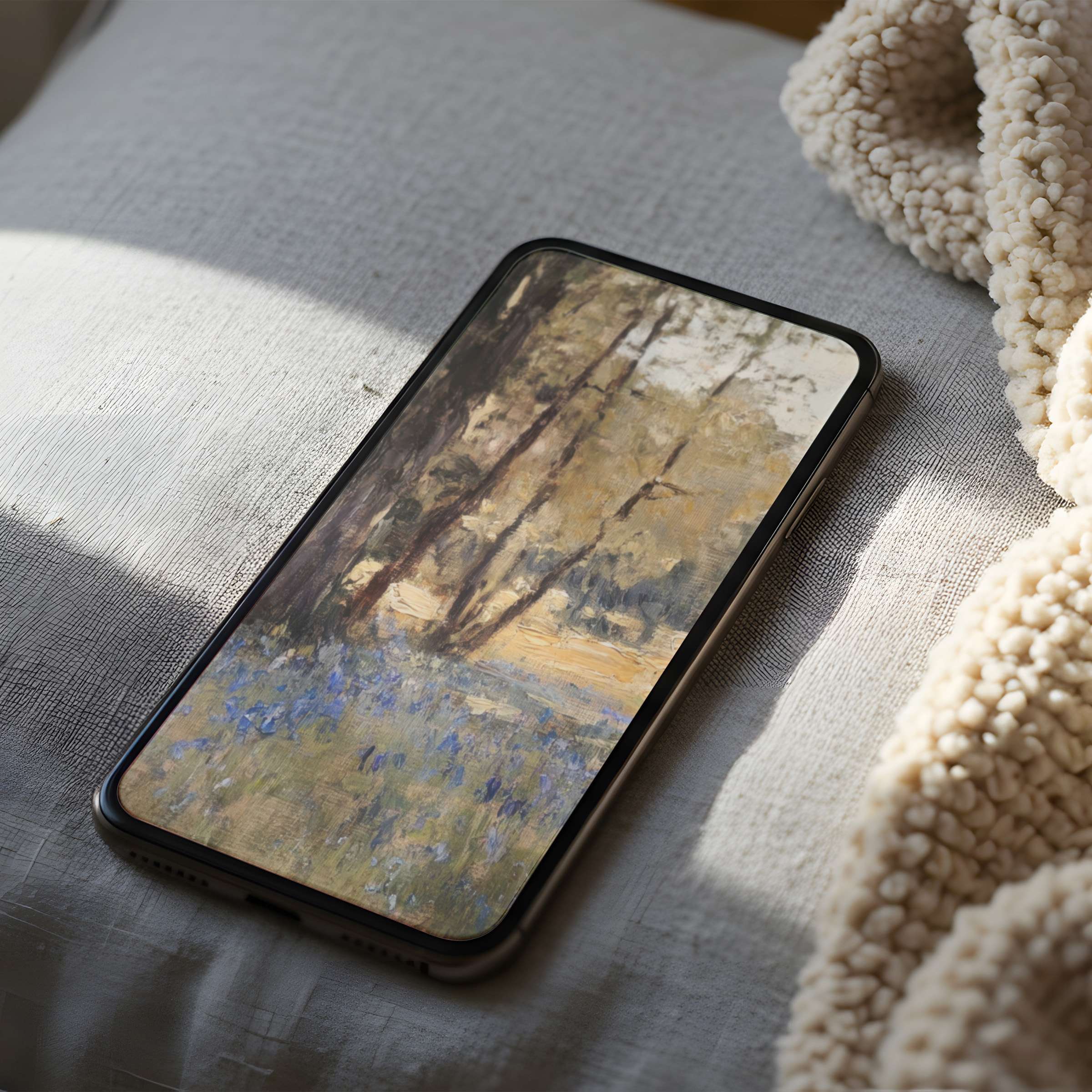 Elegant phone wallpaper featuring serene landscape art with soft hues of blue and beige, perfect for iPhone or Android, digital download