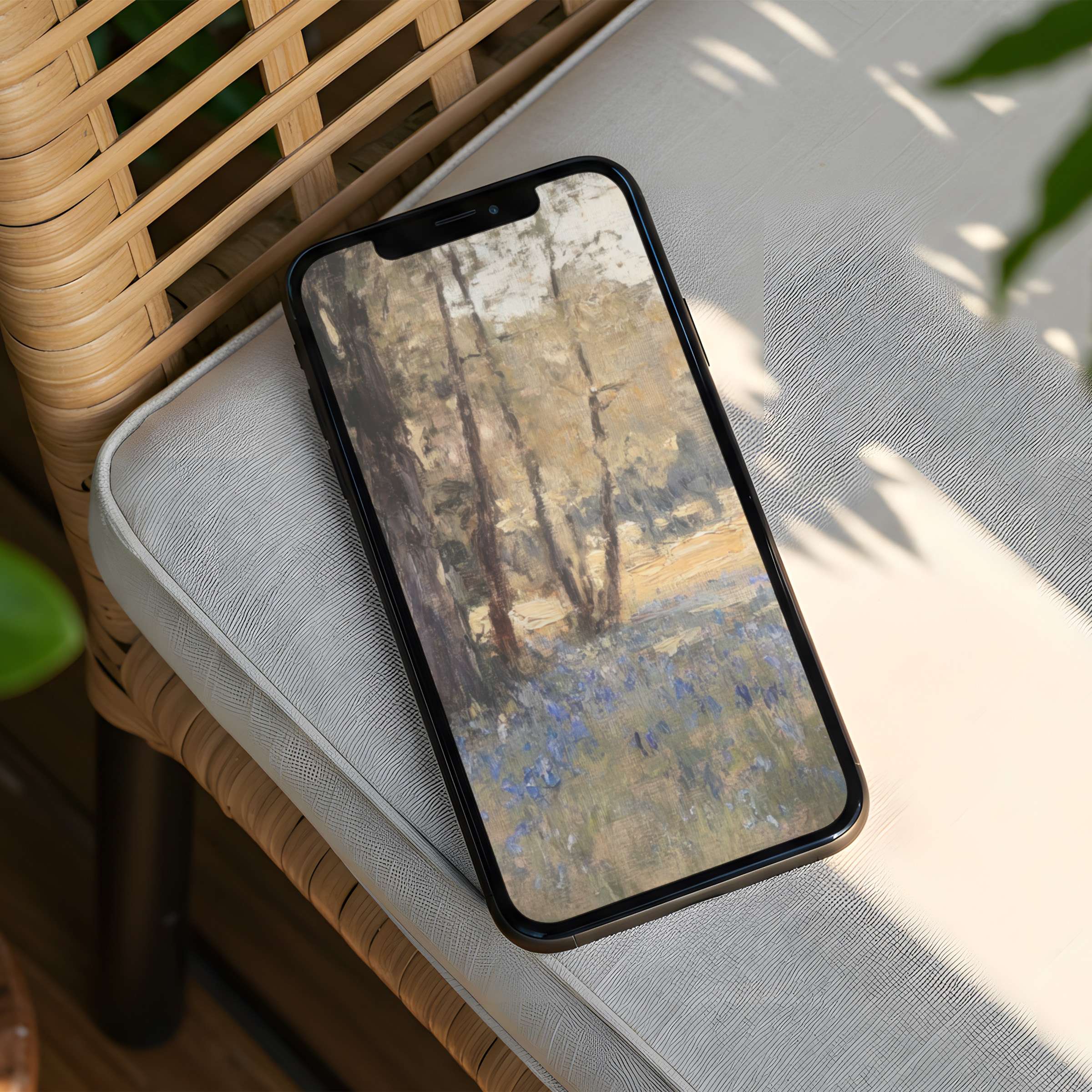 Elegant iPhone background with soothing forest painting offers instant download for mindful moments on your phone promoting calm and inspiration