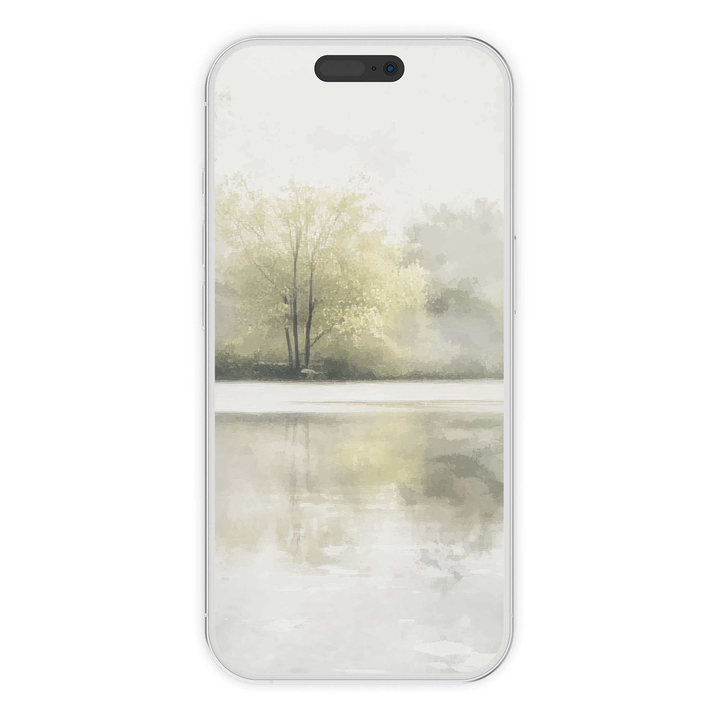 Calm and elegant spring iPhone wallpaper featuring a serene lake and lush trees, perfect digital download for phone background artistry