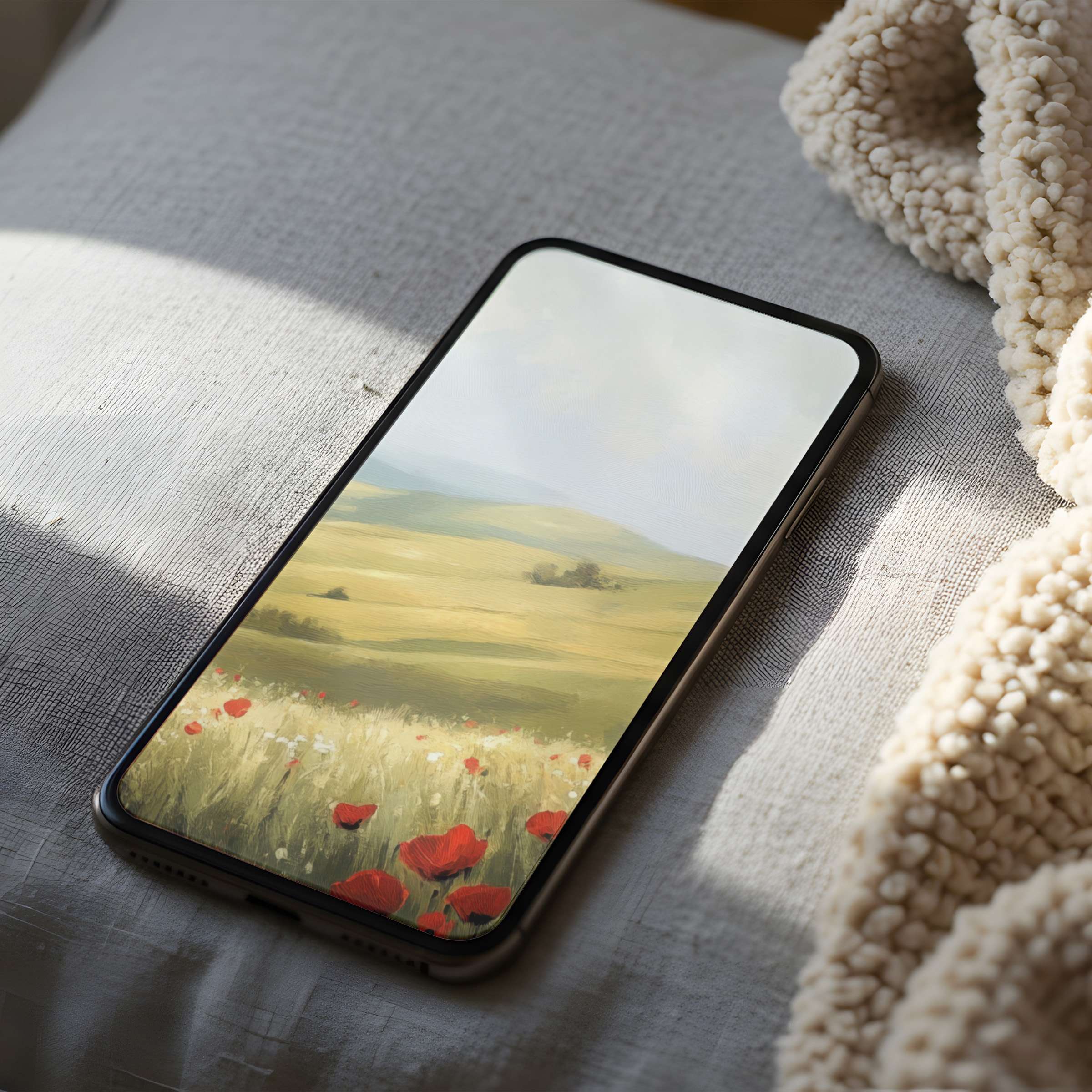 Elegant phone wallpaper featuring serene landscape art with poppy fields evoking tranquility suitable for iPhone and Android download