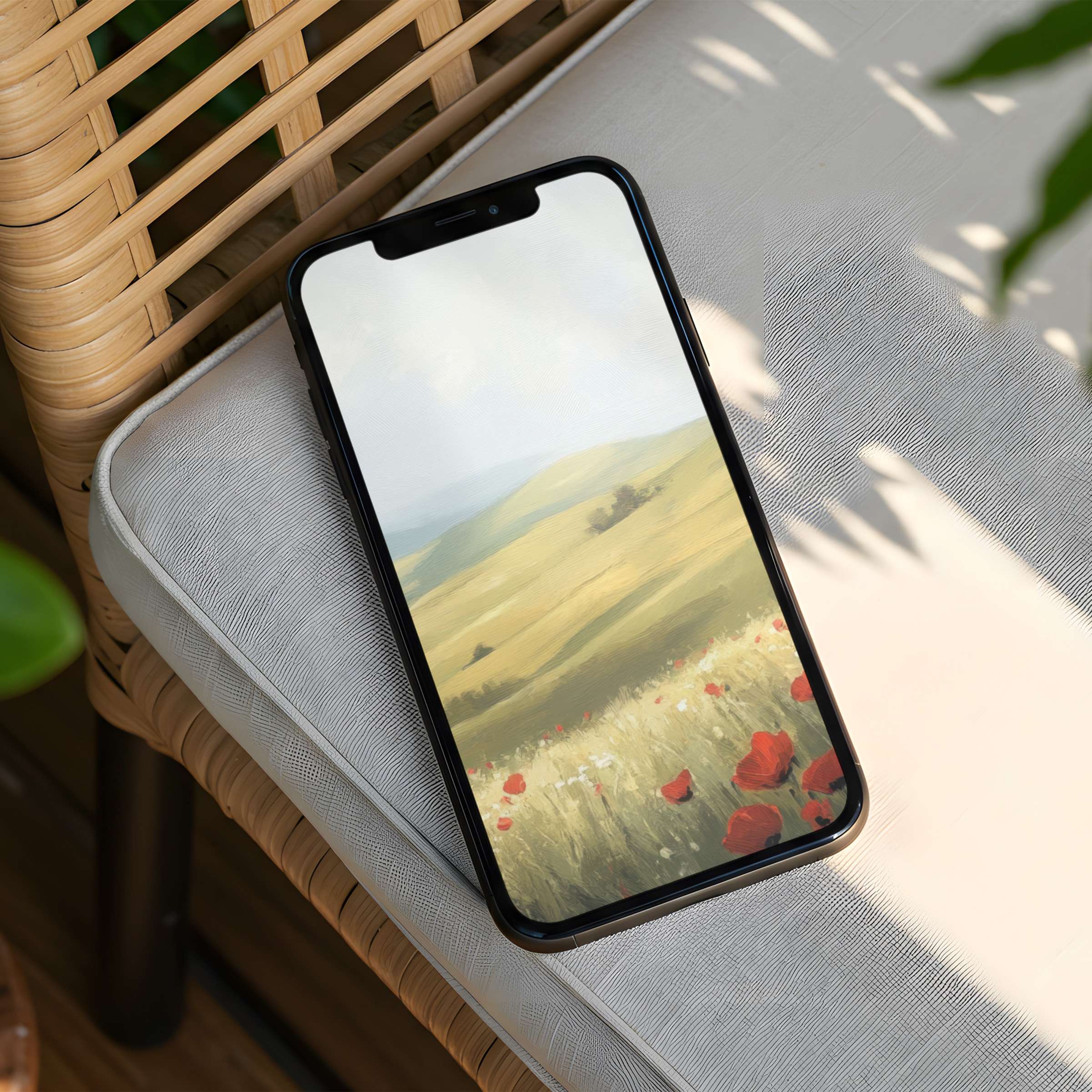 Serene iPhone background featuring rolling hills and poppy fields, ideal for instant download to inspire calmness on any phone