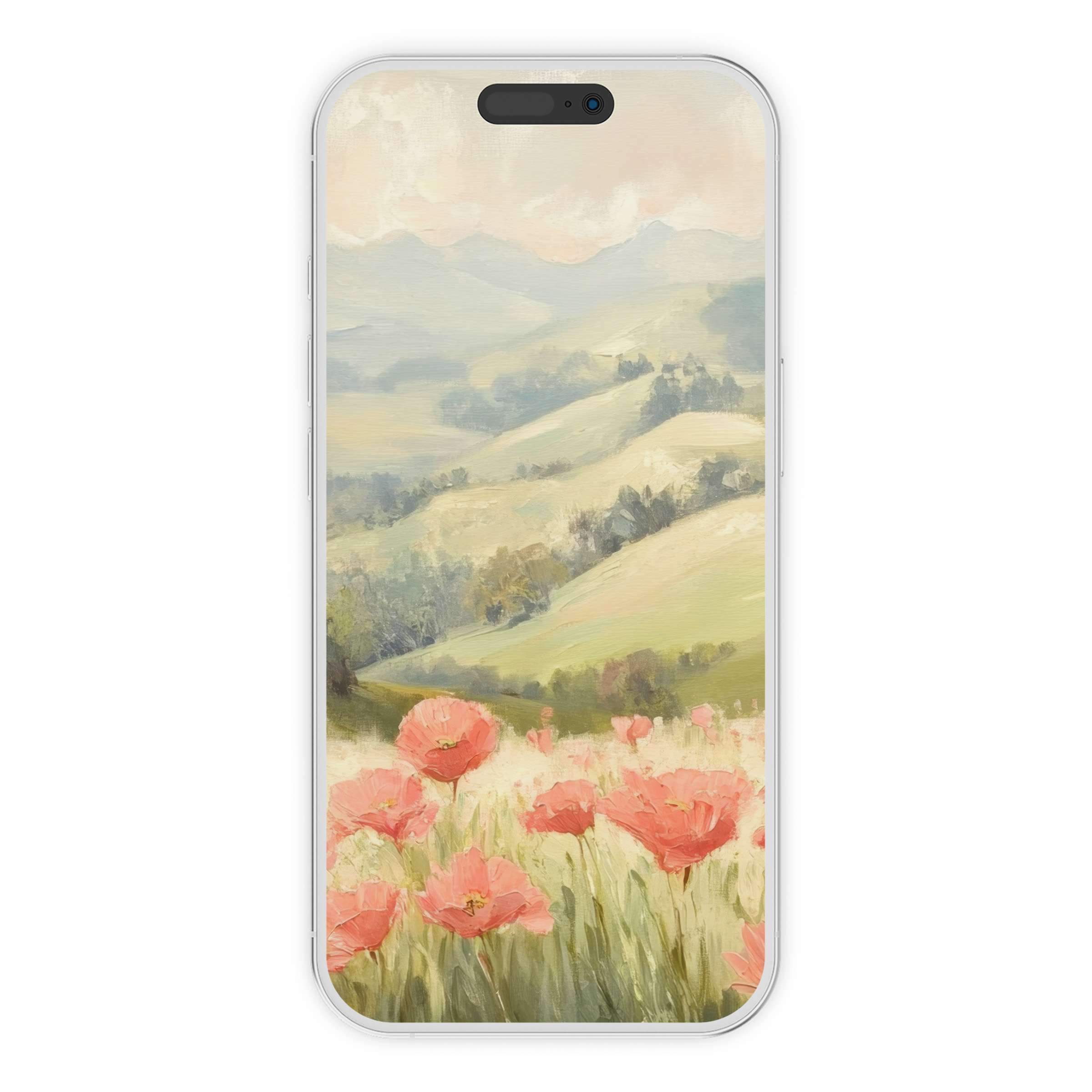 Spring iPhone wallpaper with serene pastel fields and pink flowers, ideal phone background for digital download, calming and stylish