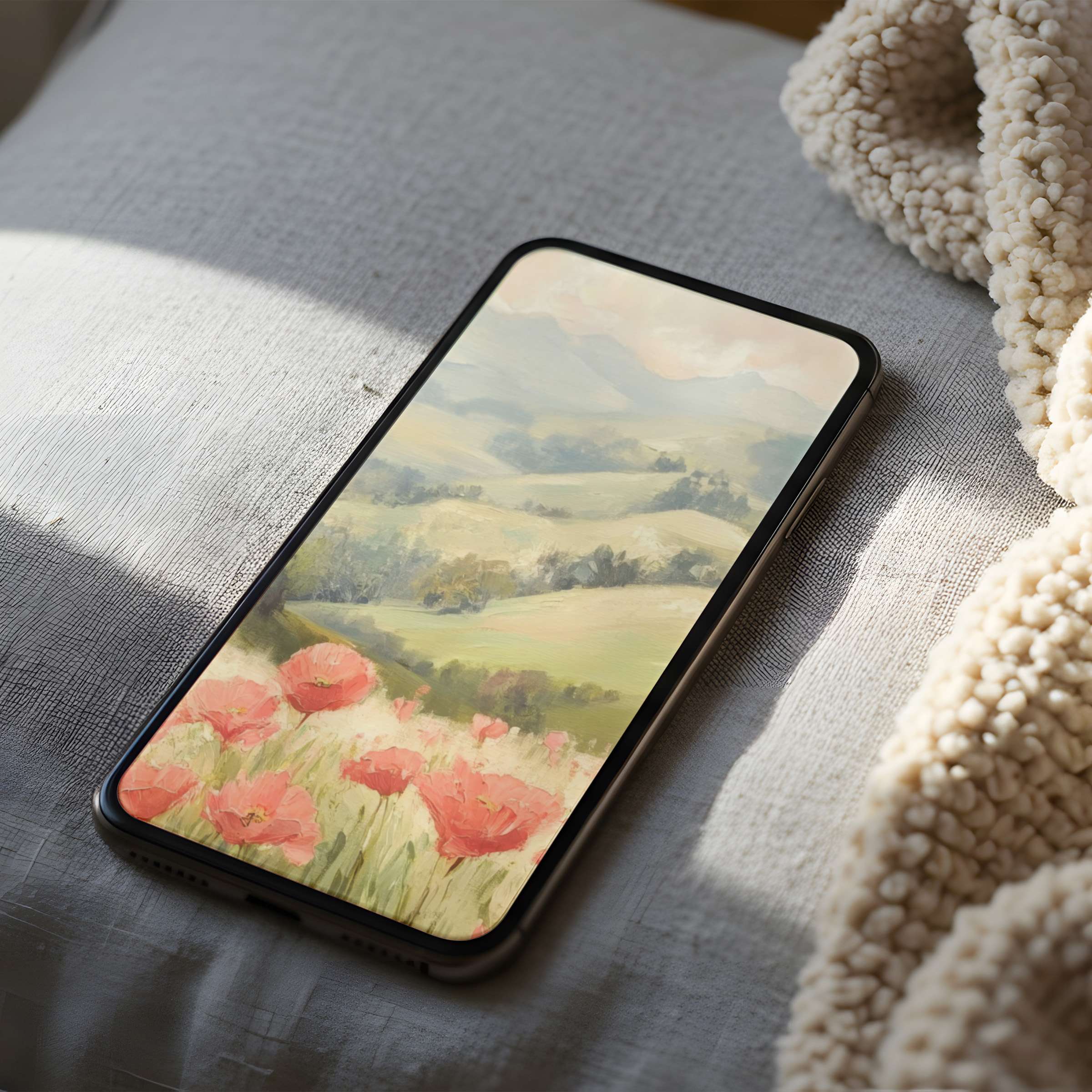 Elegant phone wallpaper featuring serene pastel landscapes and blooming poppies, ideal for iPhone and Android digital download
