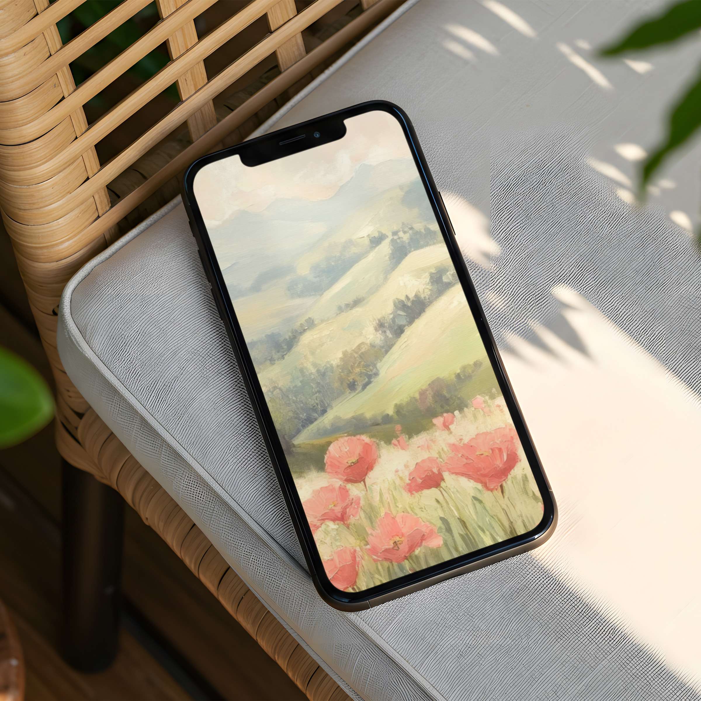 iPhone background with a serene pastel landscape of hills and poppies offers instant download for phone elegance and calm ambiance