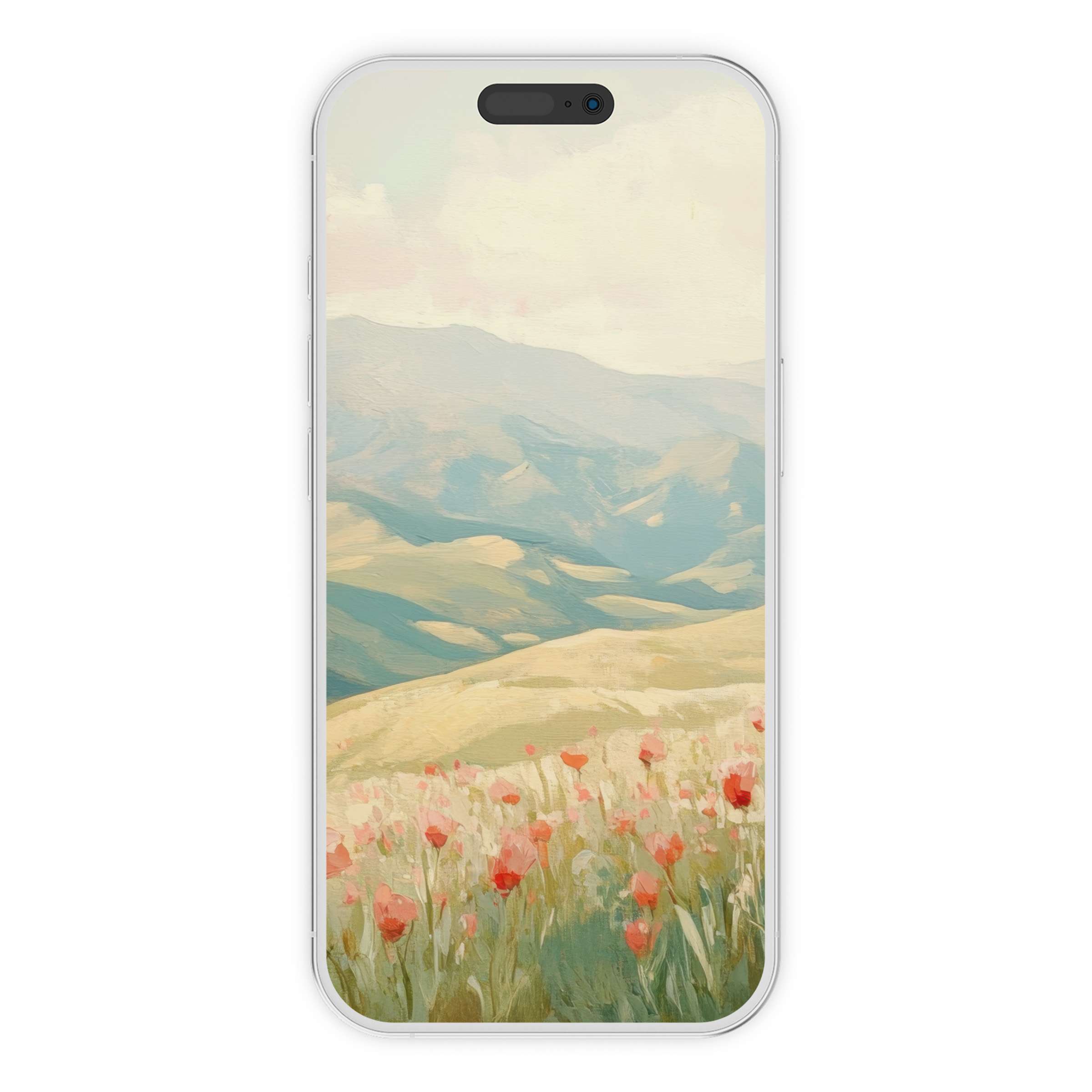 Serene spring iPhone wallpaper with pastel hills and poppy fields, offering a calming background for phone digital download