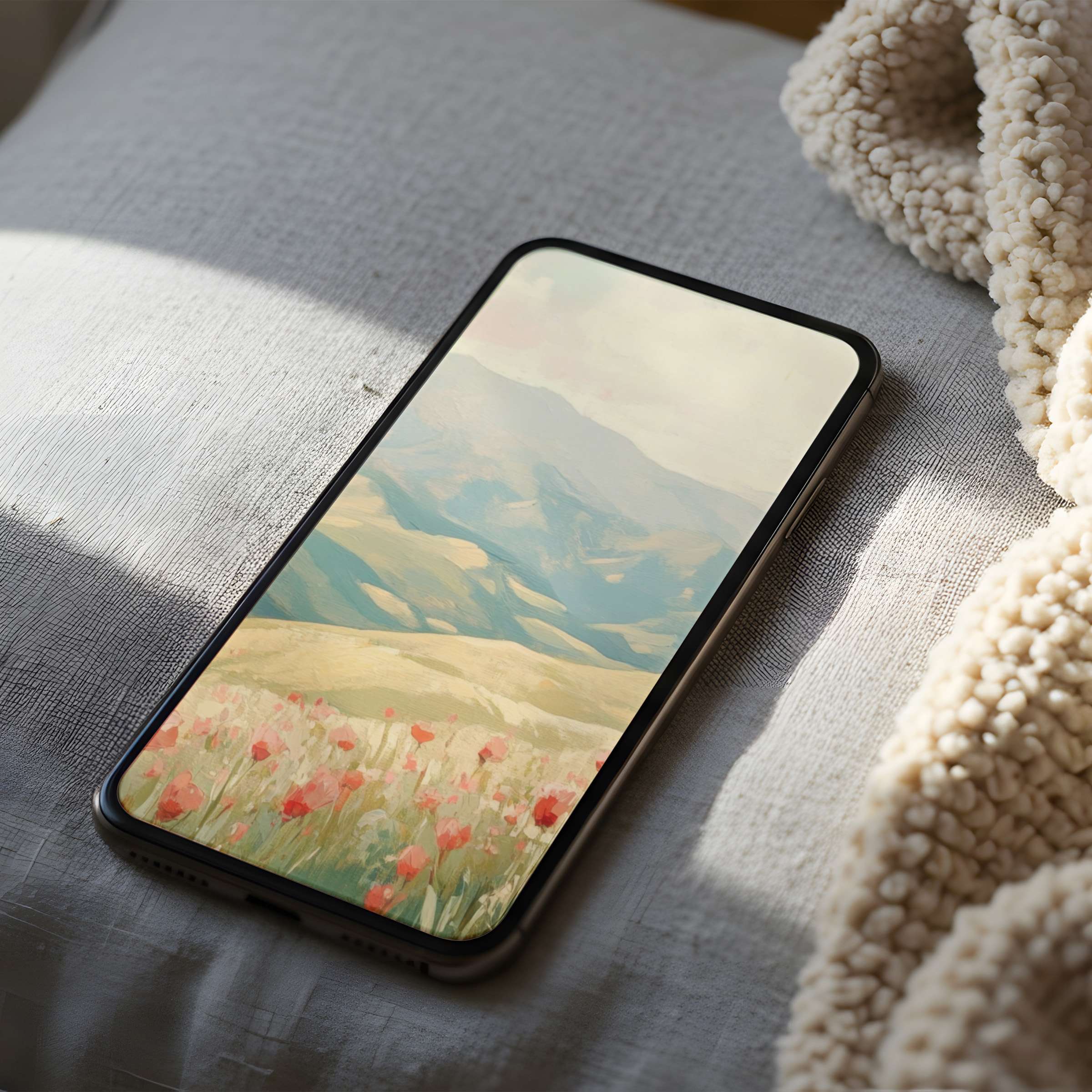 Elegant phone wallpaper featuring pastel mountain landscapes and floral fields, perfect for iPhone and Android, offering serene aesthetics