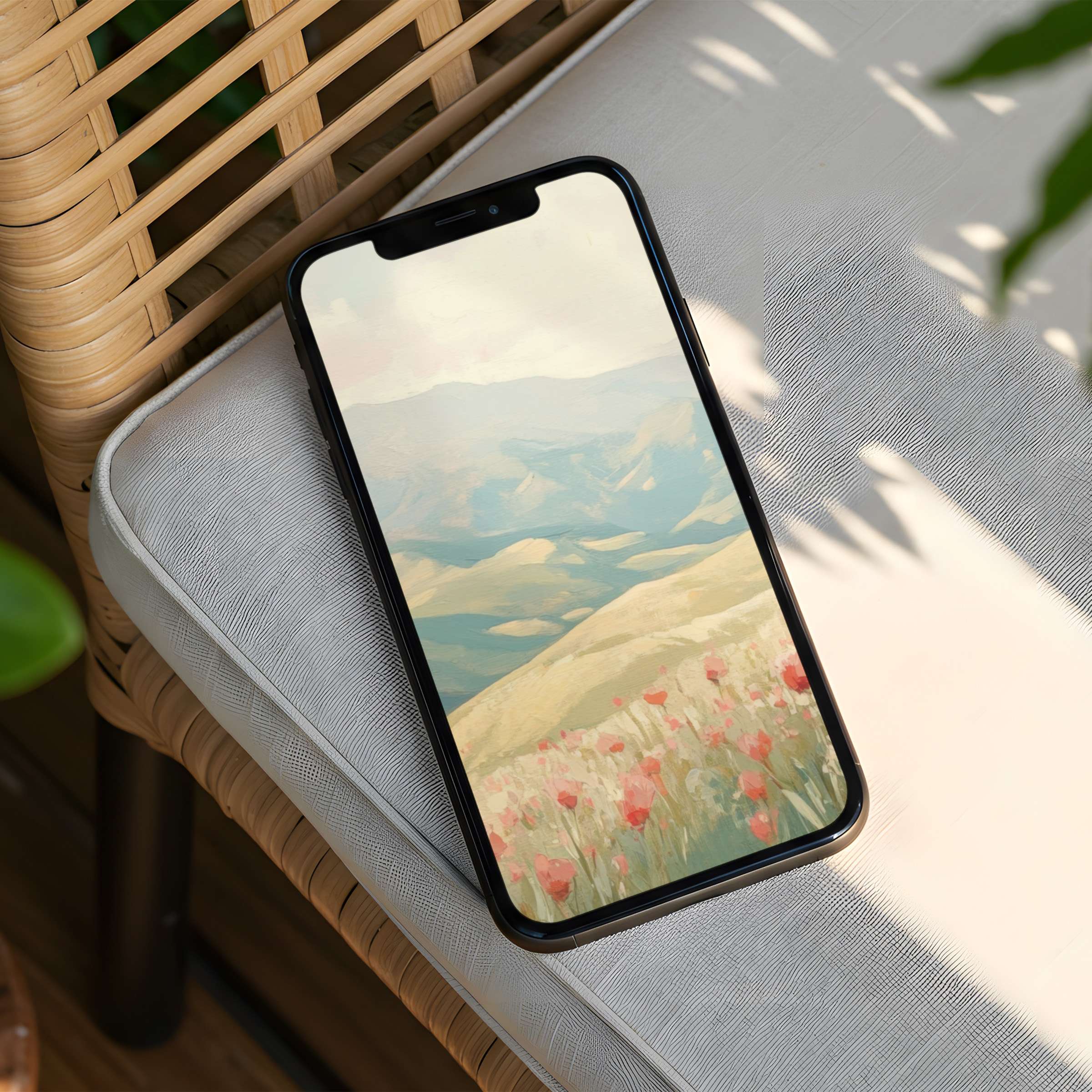 Serene landscape iPhone background with pastel hills and poppies delivers calm inspiration, instant download for any phone user