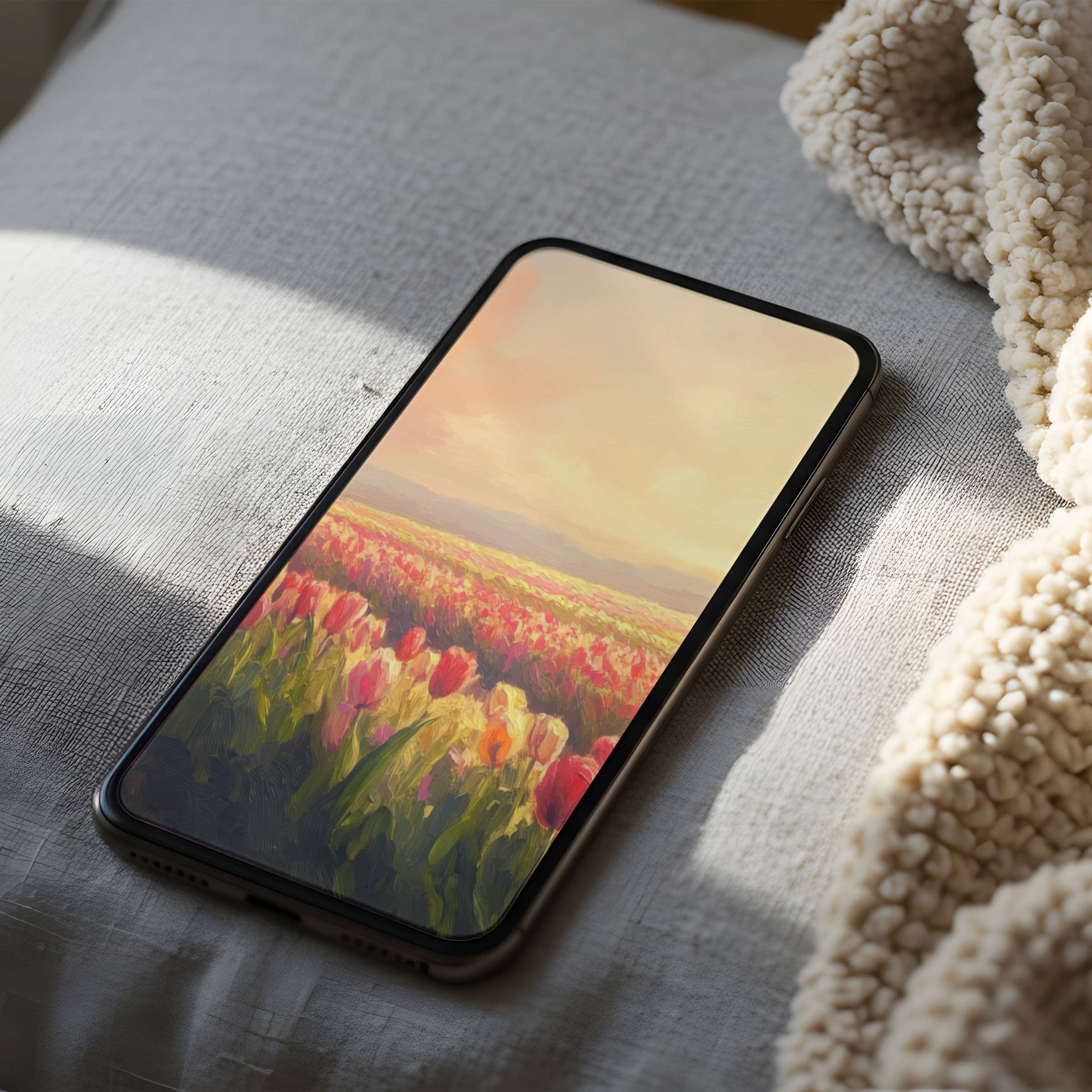 Elegant phone wallpaper featuring a serene tulip field painting, ideal for iPhone, high resolution digital download for calming allure