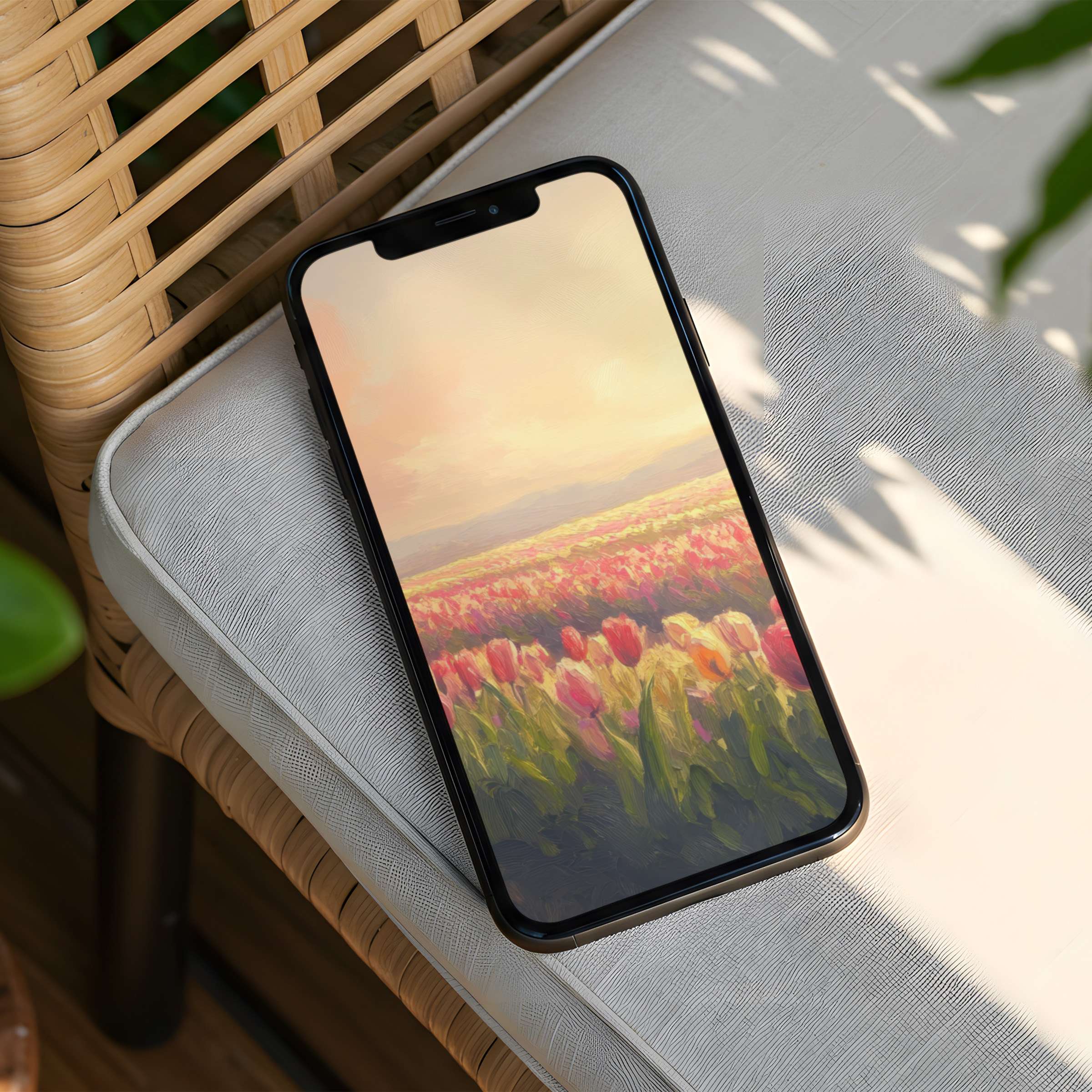 Serene iPhone background featuring a pastel tulip field painting evokes calm and elegance available as an instant download for phone users
